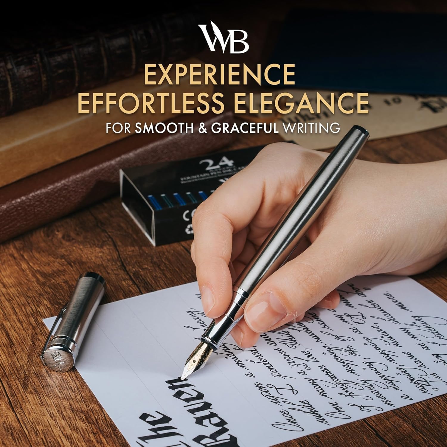 image:imageWordsworth amp Black Fountain Pen Set Medium Nib Includes 24 Ink Cartridges and Ink Refill Converter Gift Case Journaling Calligraphy Smooth Writing Pens Black Chrome Perfect for Men and WomenSilver Chrome