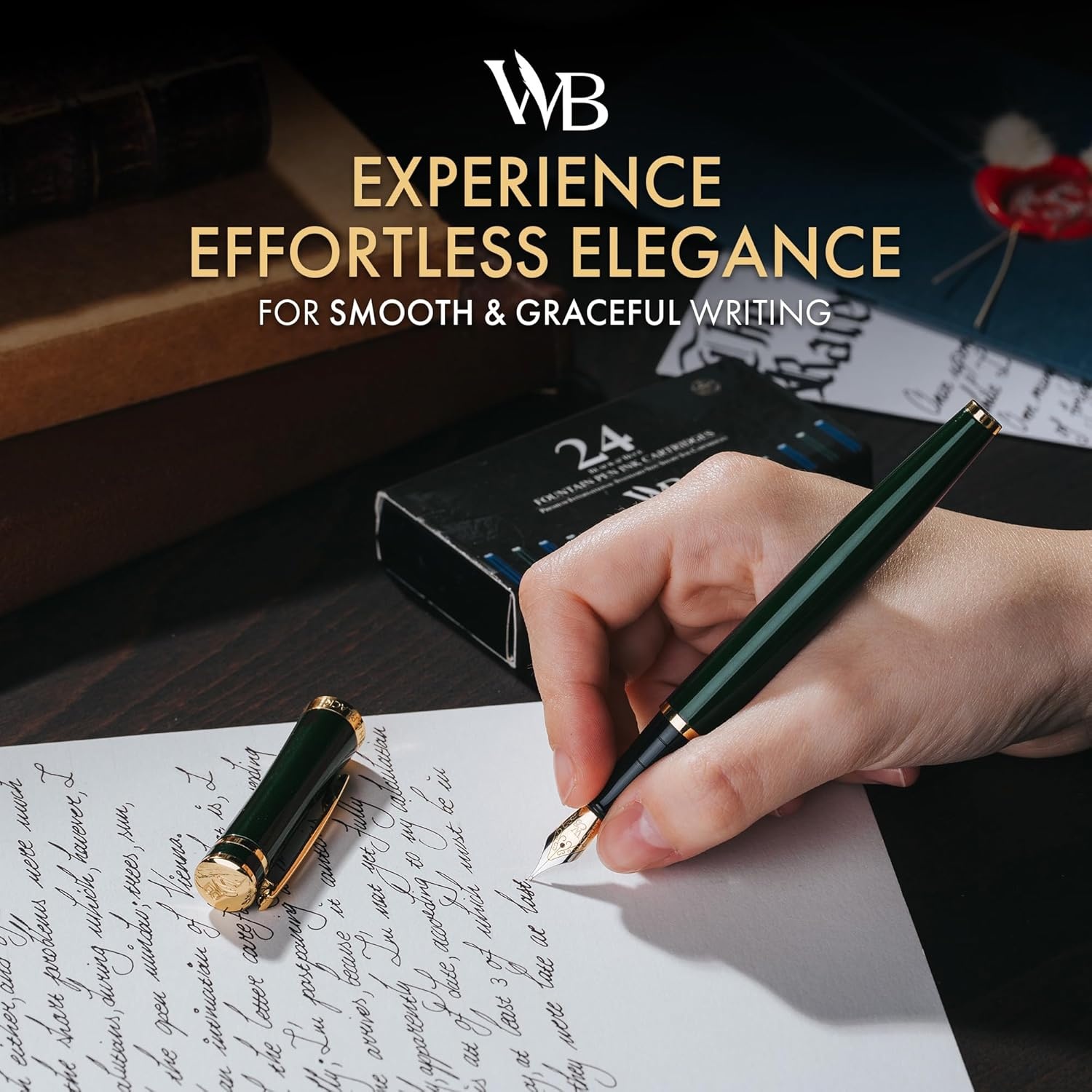 image:imageWordsworth amp Black Fountain Pen Set Medium Nib Includes 24 Ink Cartridges and Ink Refill Converter Gift Case Journaling Calligraphy Smooth Writing Pens Black Chrome Perfect for Men and WomenRacing Green
