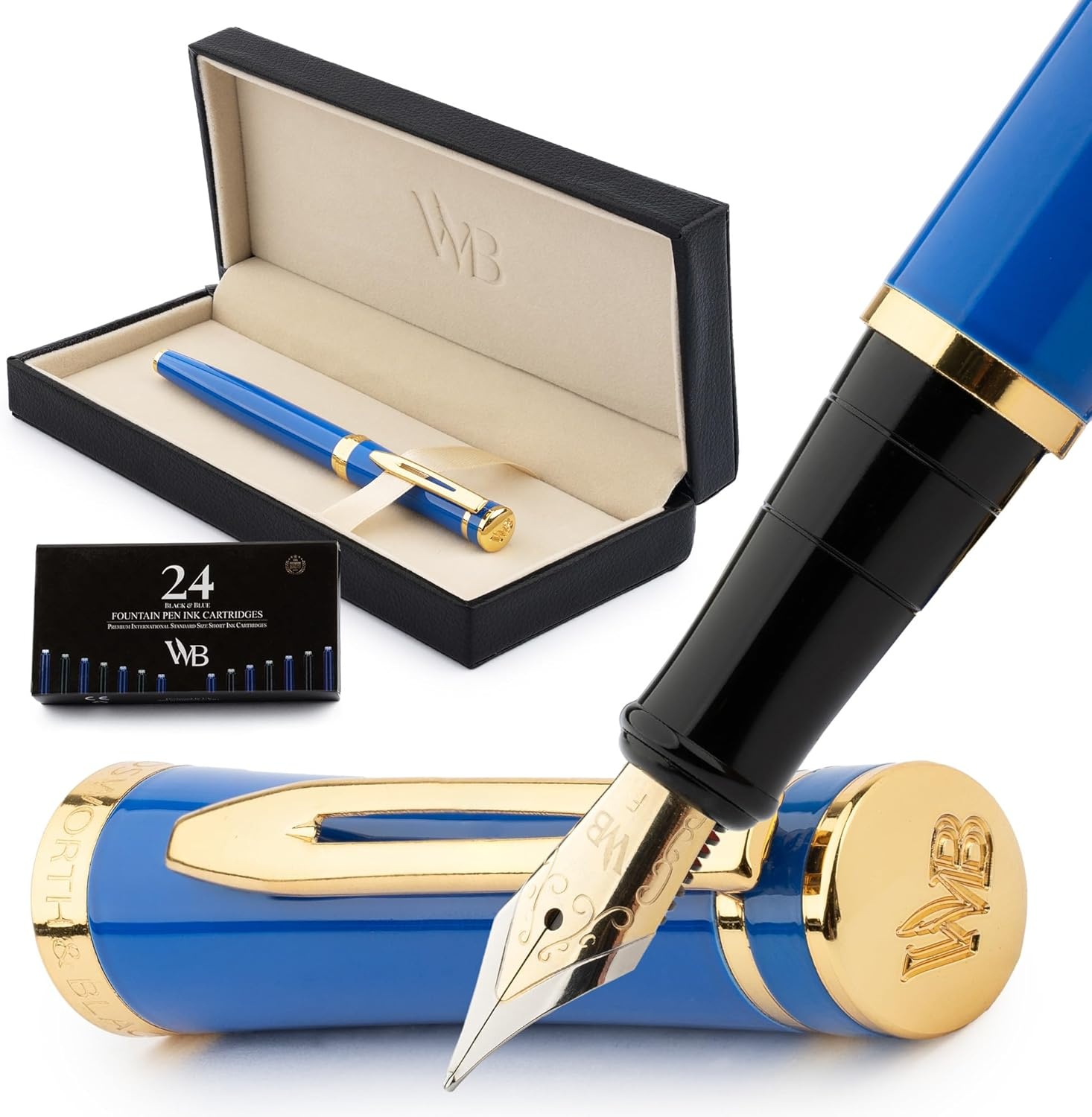 image:imageWordsworth amp Black Fountain Pen Set Medium Nib Includes 24 Ink Cartridges and Ink Refill Converter Gift Case Journaling Calligraphy Smooth Writing Pens Black Chrome Perfect for Men and WomenImperial Blue