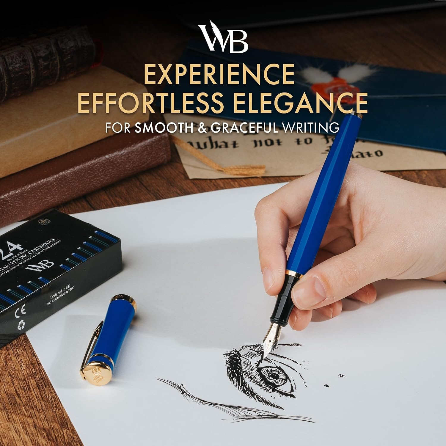 image:imageWordsworth amp Black Fountain Pen Set Medium Nib Includes 24 Ink Cartridges and Ink Refill Converter Gift Case Journaling Calligraphy Smooth Writing Pens Black Chrome Perfect for Men and WomenImperial Blue