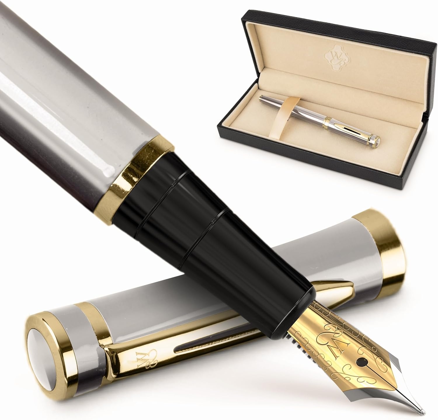 image:imageWordsworth amp Black Fountain Pen Set Medium Nib Includes 24 Ink Cartridges and Ink Refill Converter Gift Case Journaling Calligraphy Smooth Writing Pens Black Chrome Perfect for Men and WomenSilver Gold