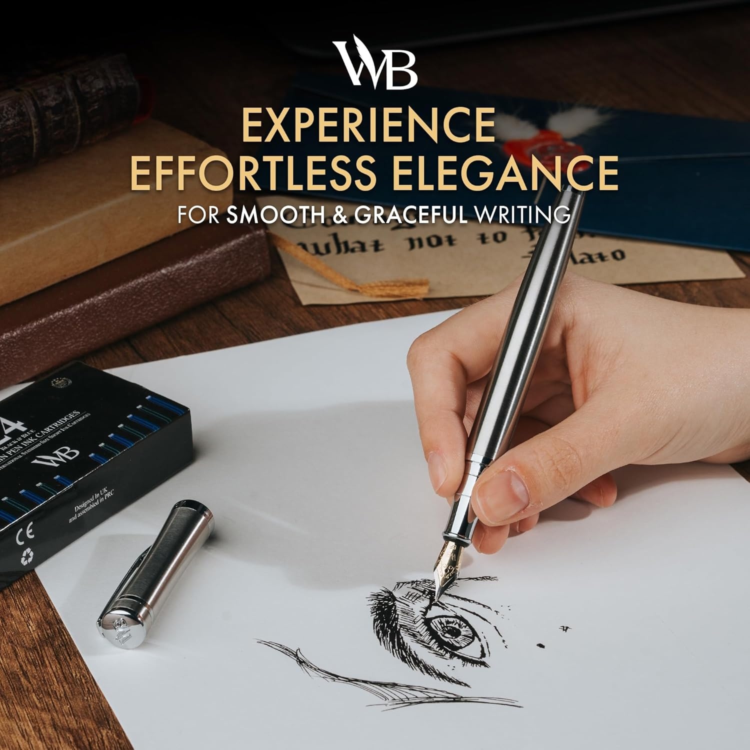 image:imageWordsworth amp Black Fountain Pen Set Medium Nib Includes 24 Ink Cartridges and Ink Refill Converter Gift Case Journaling Calligraphy Smooth Writing Pens Black Chrome Perfect for Men and WomenSilver Chrome