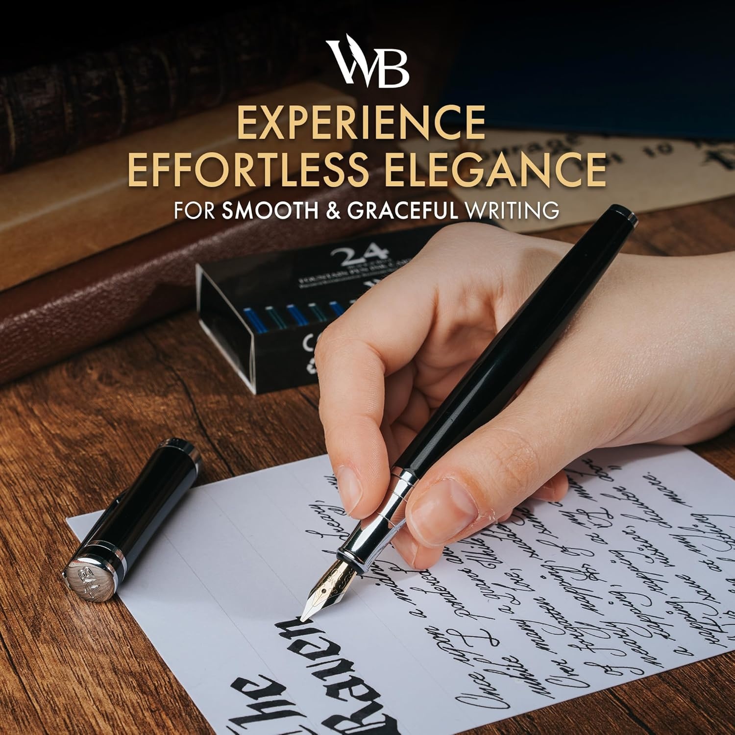 image:imageWordsworth amp Black Fountain Pen Set Medium Nib Includes 24 Ink Cartridges and Ink Refill Converter Gift Case Journaling Calligraphy Smooth Writing Pens Black Chrome Perfect for Men and WomenBlack Chrome