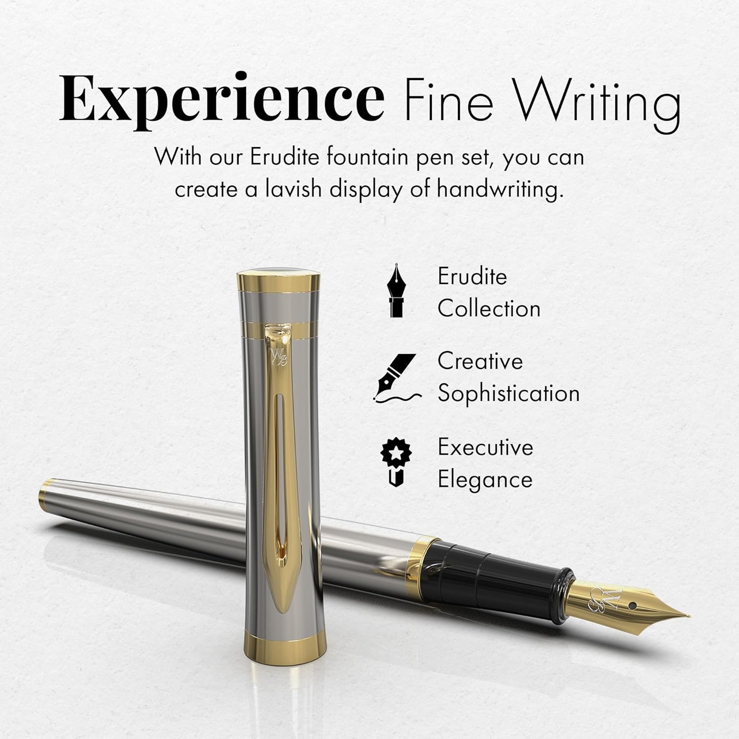 image:imageWordsworth amp Black Fountain Pen Set Medium Nib Includes 24 Ink Cartridges and Ink Refill Converter Gift Case Journaling Calligraphy Smooth Writing Pens Black Chrome Perfect for Men and WomenSilver Gold