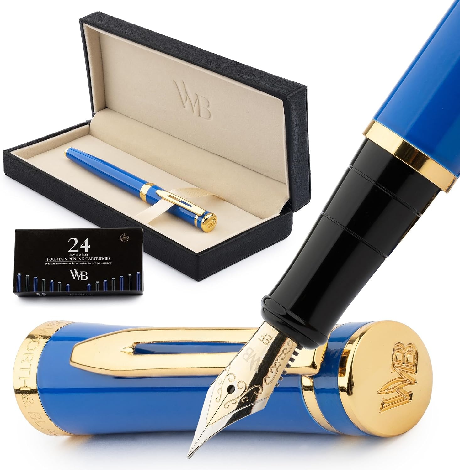 image:imageWordsworth amp Black Fountain Pen Set Medium Nib Includes 24 Ink Cartridges and Ink Refill Converter Gift Case Journaling Calligraphy Smooth Writing Pens Black Chrome Perfect for Men and WomenImperial Blue