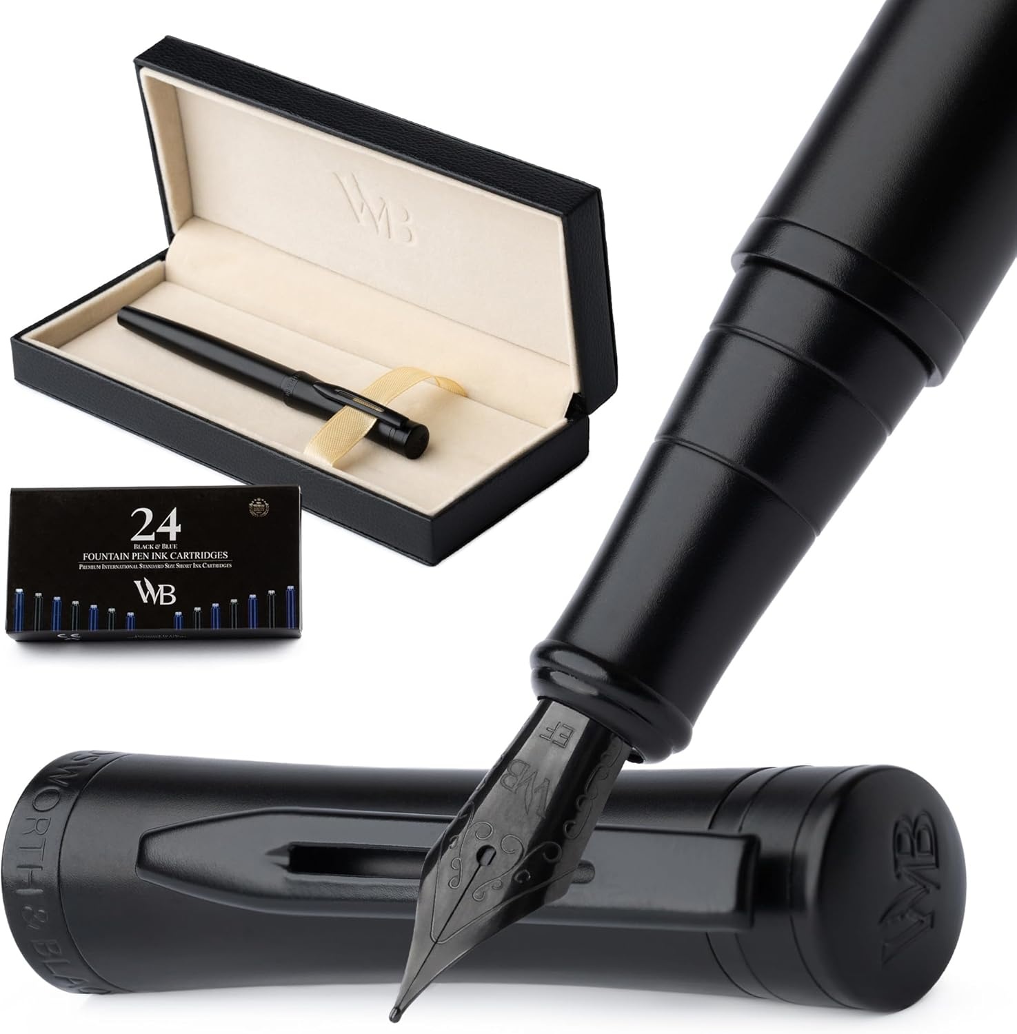 image:imageWordsworth amp Black Fountain Pen Set Medium Nib Includes 24 Ink Cartridges and Ink Refill Converter Gift Case Journaling Calligraphy Smooth Writing Pens Black Chrome Perfect for Men and WomenAll Black