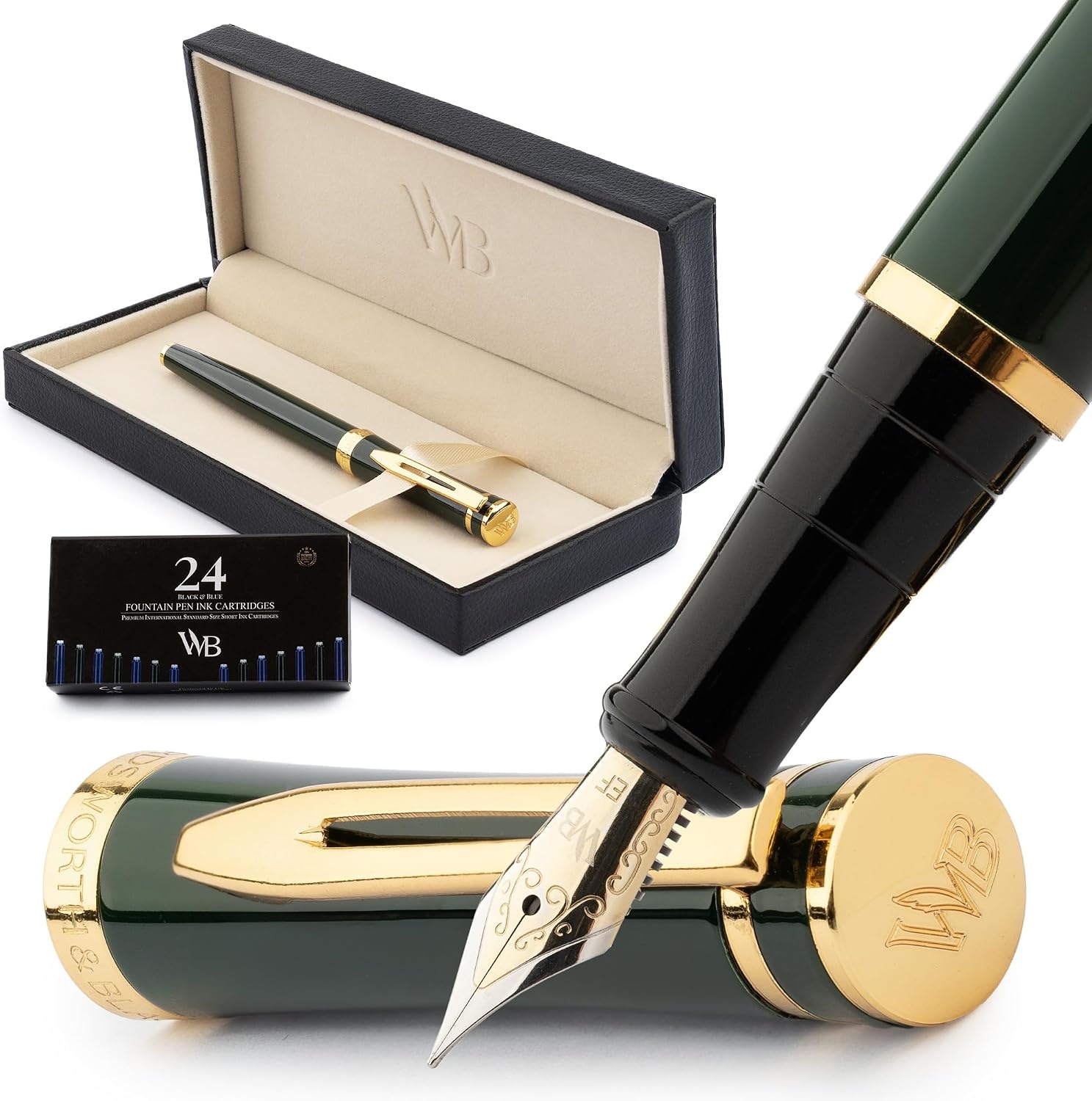 image:imageWordsworth amp Black Fountain Pen Set Medium Nib Includes 24 Ink Cartridges and Ink Refill Converter Gift Case Journaling Calligraphy Smooth Writing Pens Black Chrome Perfect for Men and WomenRacing Green