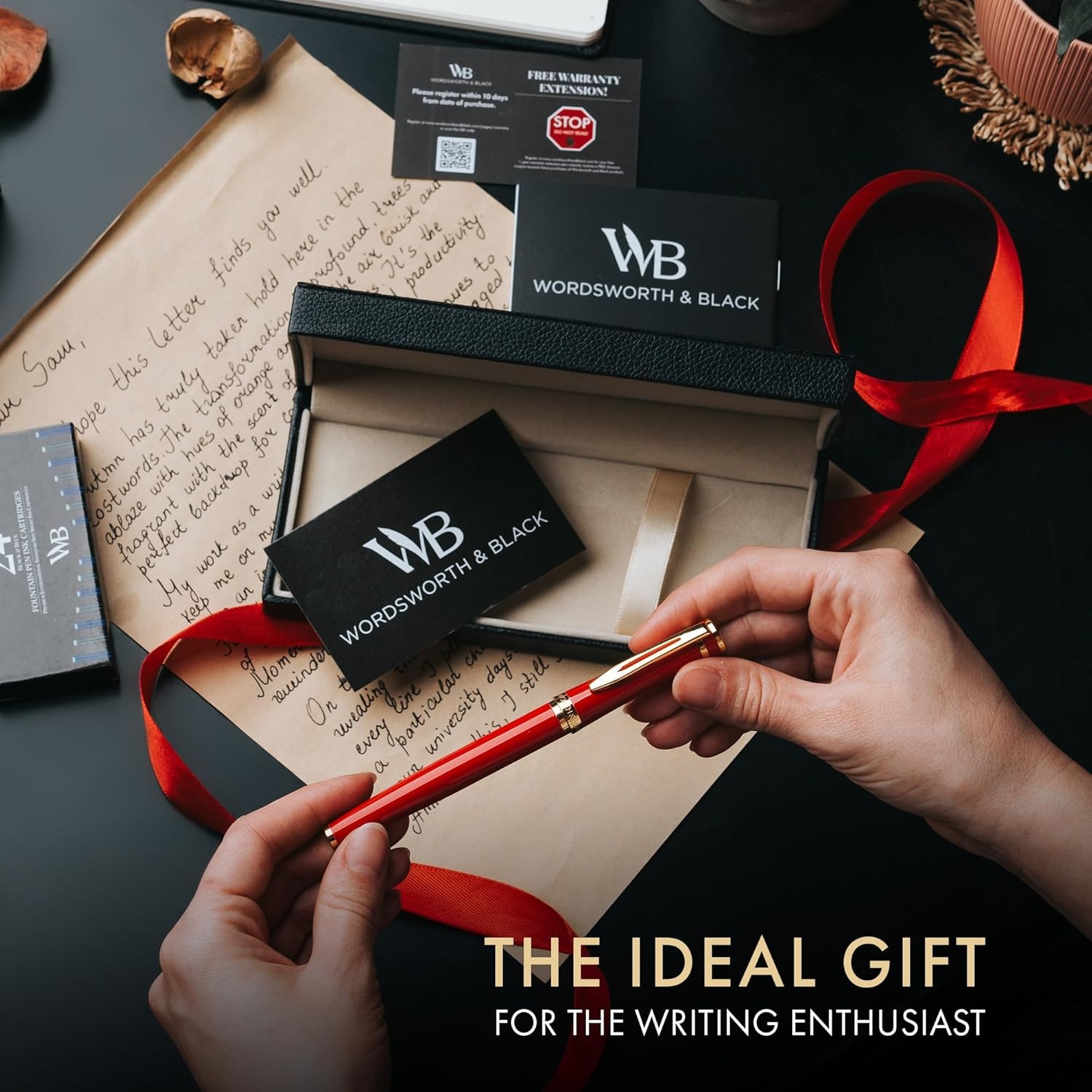 image:imageWordsworth amp Black Fountain Pen Set Medium Nib Includes 24 Ink Cartridges and Ink Refill Converter Gift Case Journaling Calligraphy Smooth Writing Pens Black Chrome Perfect for Men and WomenCrimson Red
