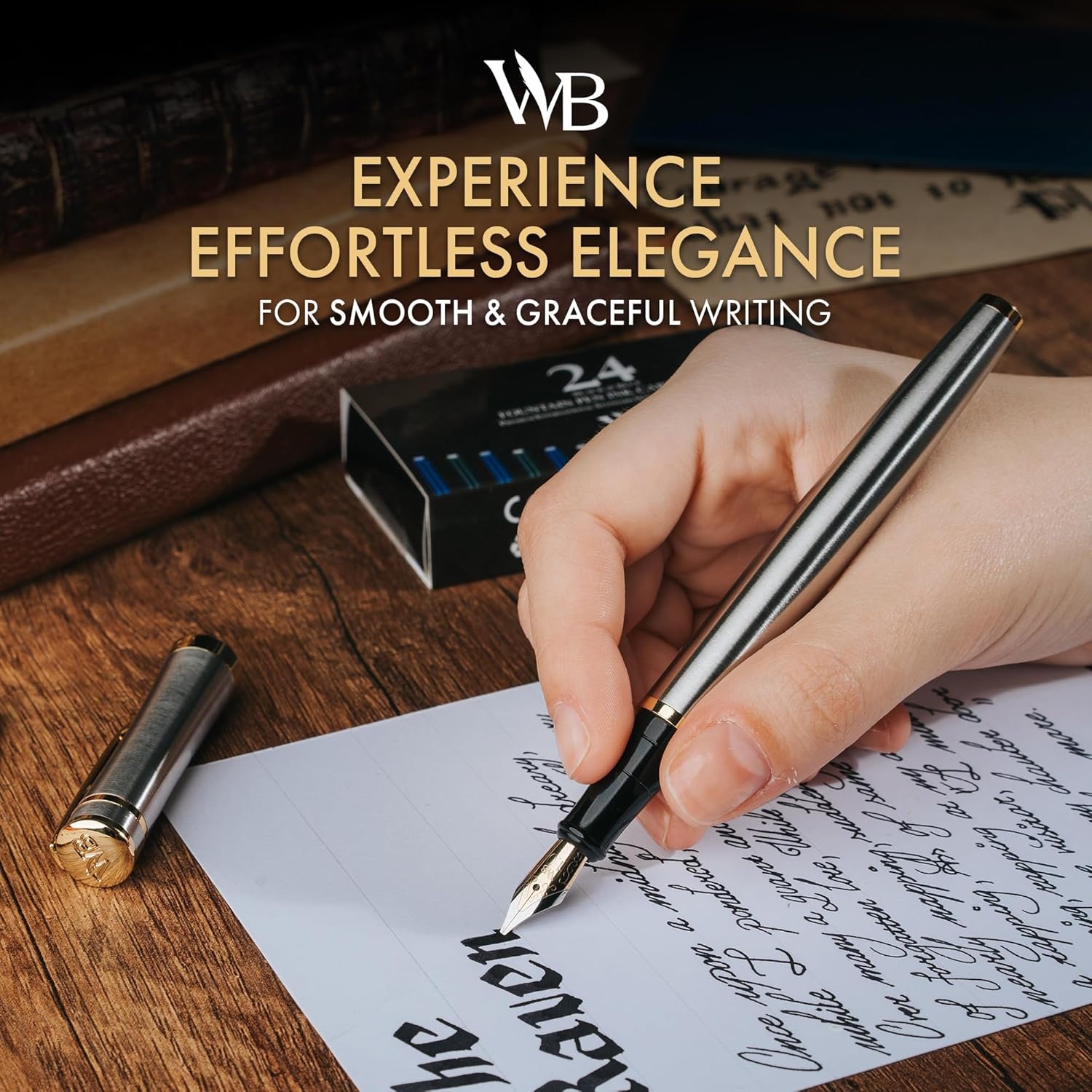 image:imageWordsworth amp Black Fountain Pen Set Medium Nib Includes 24 Ink Cartridges and Ink Refill Converter Gift Case Journaling Calligraphy Smooth Writing Pens Black Chrome Perfect for Men and WomenSilver Gold