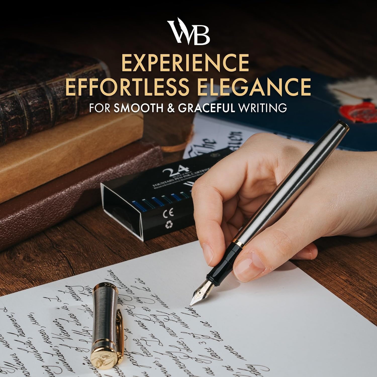 image:imageWordsworth amp Black Fountain Pen Set Medium Nib Includes 24 Ink Cartridges and Ink Refill Converter Gift Case Journaling Calligraphy Smooth Writing Pens Black Chrome Perfect for Men and WomenSilver Gold