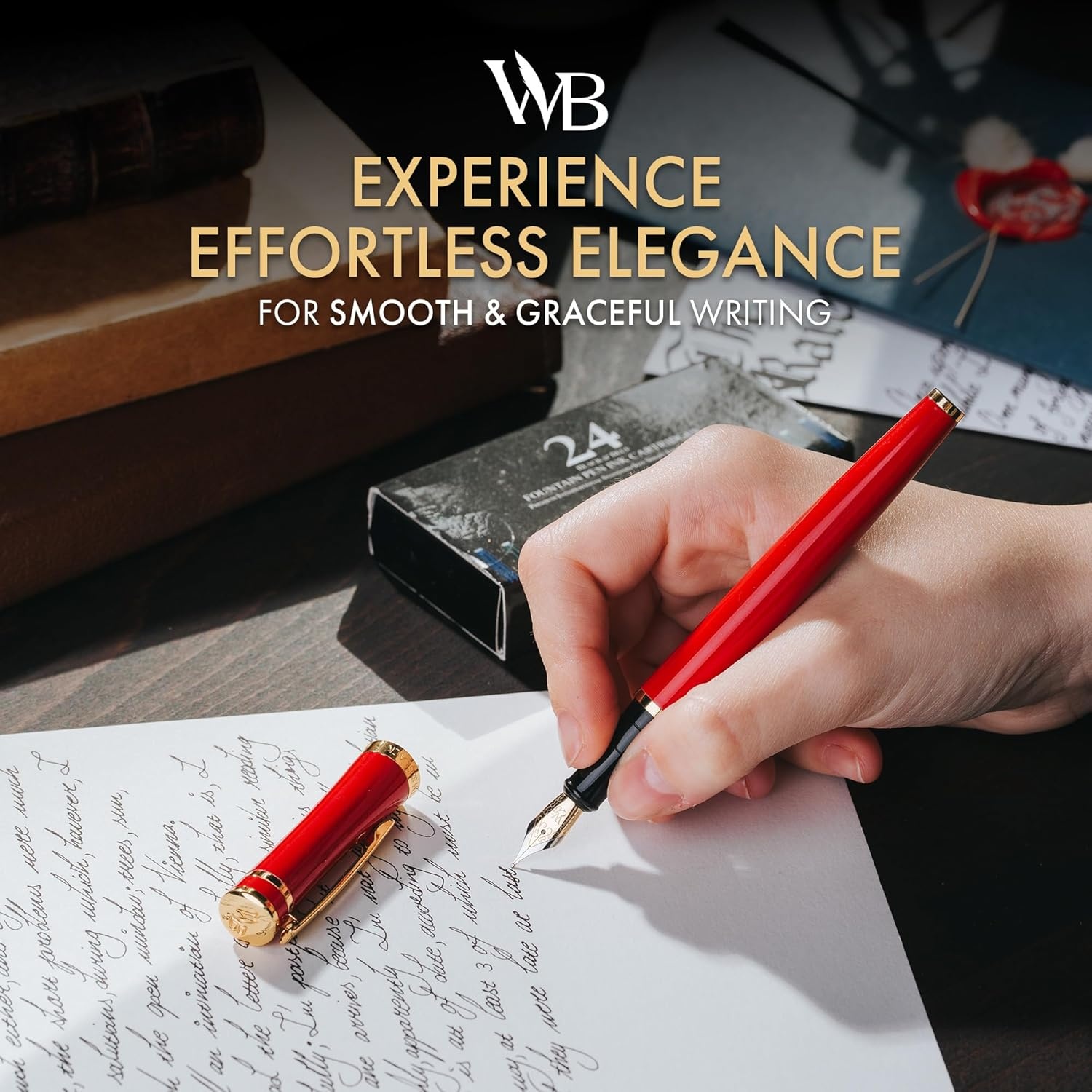 image:imageWordsworth amp Black Fountain Pen Set Medium Nib Includes 24 Ink Cartridges and Ink Refill Converter Gift Case Journaling Calligraphy Smooth Writing Pens Black Chrome Perfect for Men and WomenCrimson Red