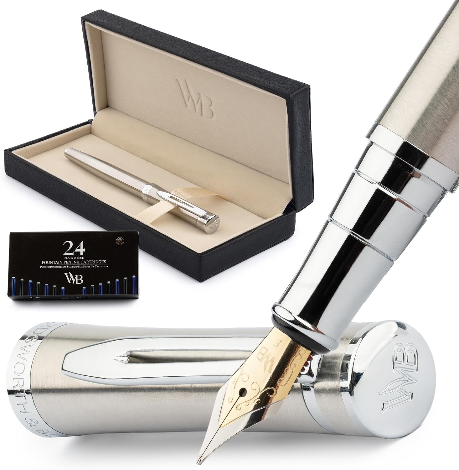 image:imageWordsworth amp Black Fountain Pen Set Medium Nib Includes 24 Ink Cartridges and Ink Refill Converter Gift Case Journaling Calligraphy Smooth Writing Pens Black Chrome Perfect for Men and WomenSilver Chrome