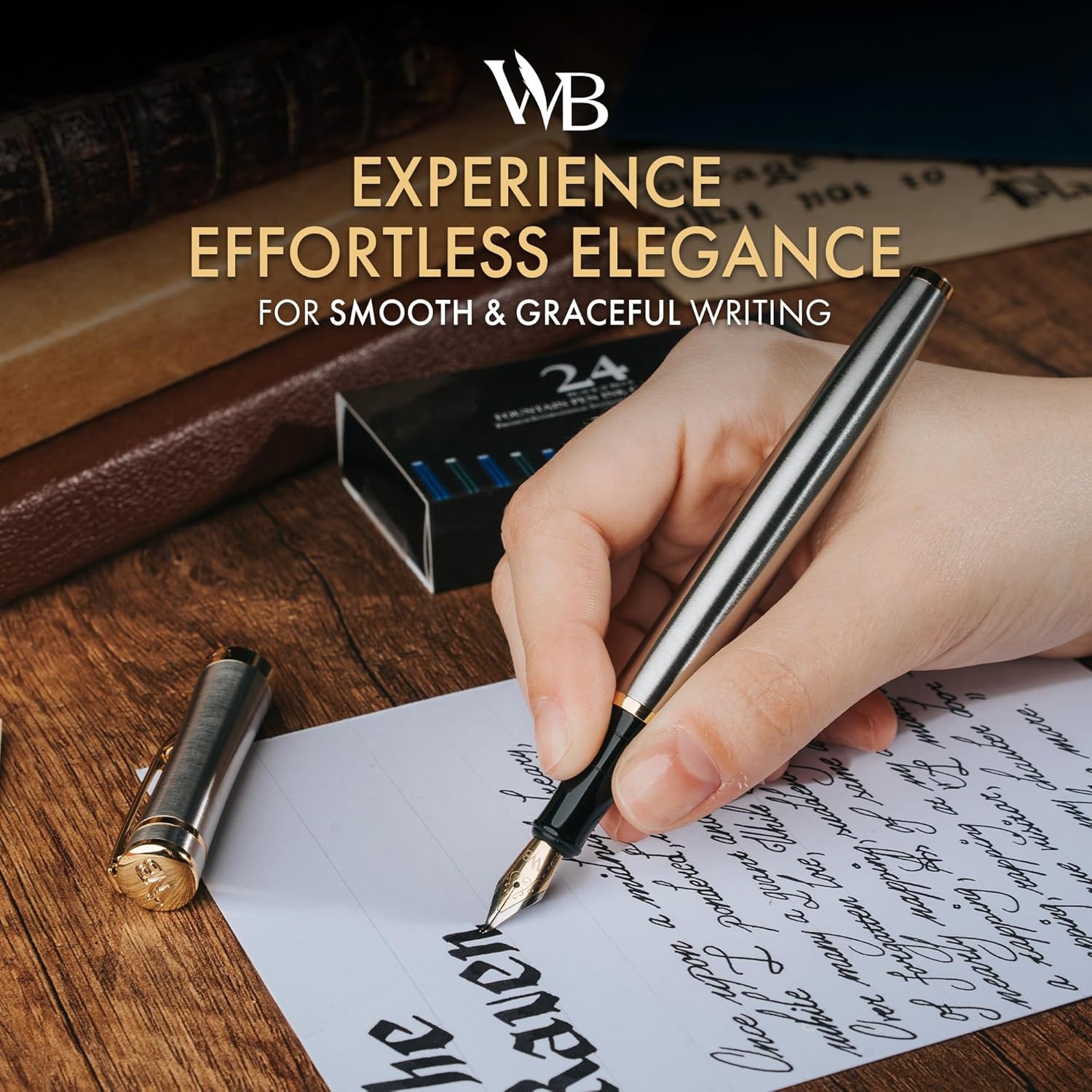 image:imageWordsworth amp Black Fountain Pen Set Medium Nib Includes 24 Ink Cartridges and Ink Refill Converter Gift Case Journaling Calligraphy Smooth Writing Pens Black Chrome Perfect for Men and WomenSilver Gold