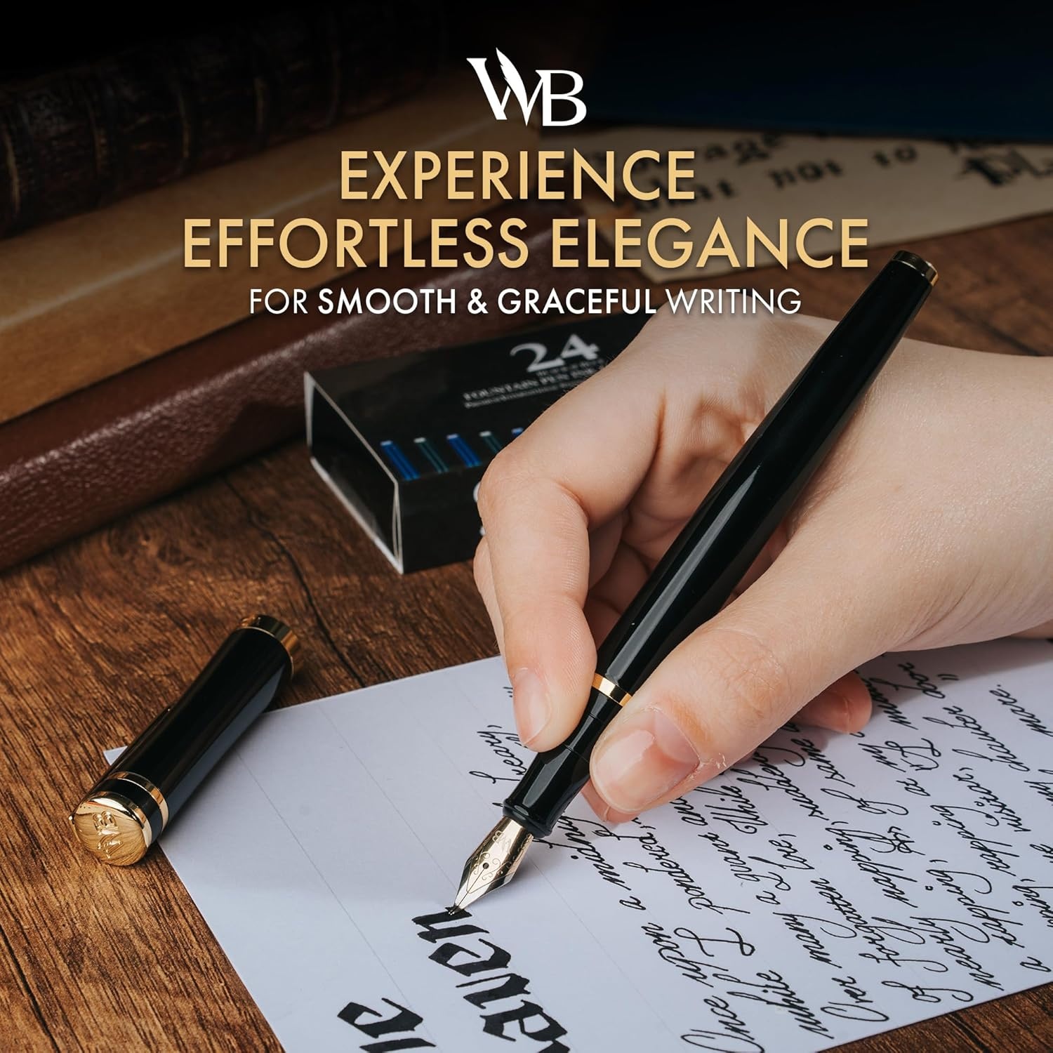 image:imageWordsworth amp Black Fountain Pen Set Medium Nib Includes 24 Ink Cartridges and Ink Refill Converter Gift Case Journaling Calligraphy Smooth Writing Pens Black Chrome Perfect for Men and WomenBlack Gold