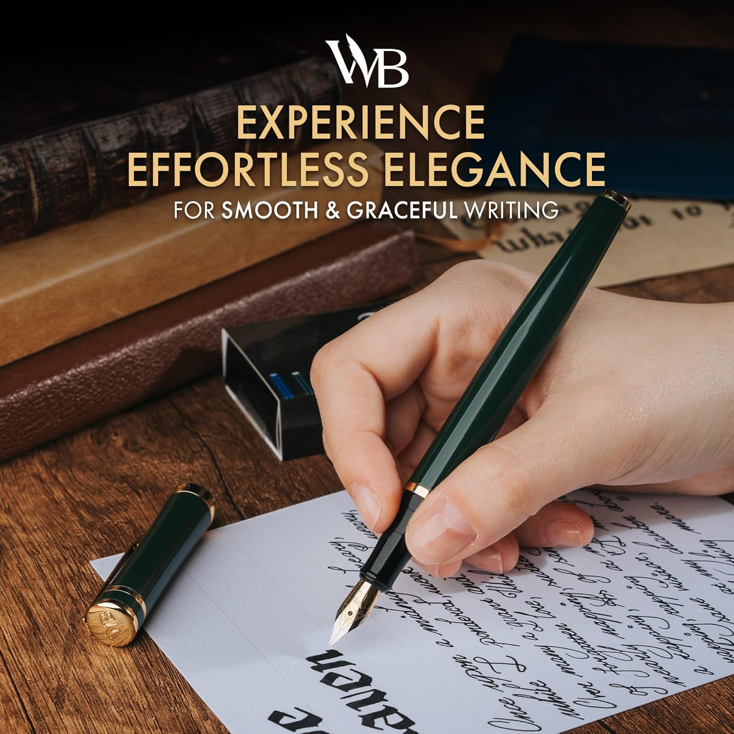 image:imageWordsworth amp Black Fountain Pen Set Medium Nib Includes 24 Ink Cartridges and Ink Refill Converter Gift Case Journaling Calligraphy Smooth Writing Pens Black Chrome Perfect for Men and WomenRacing Green
