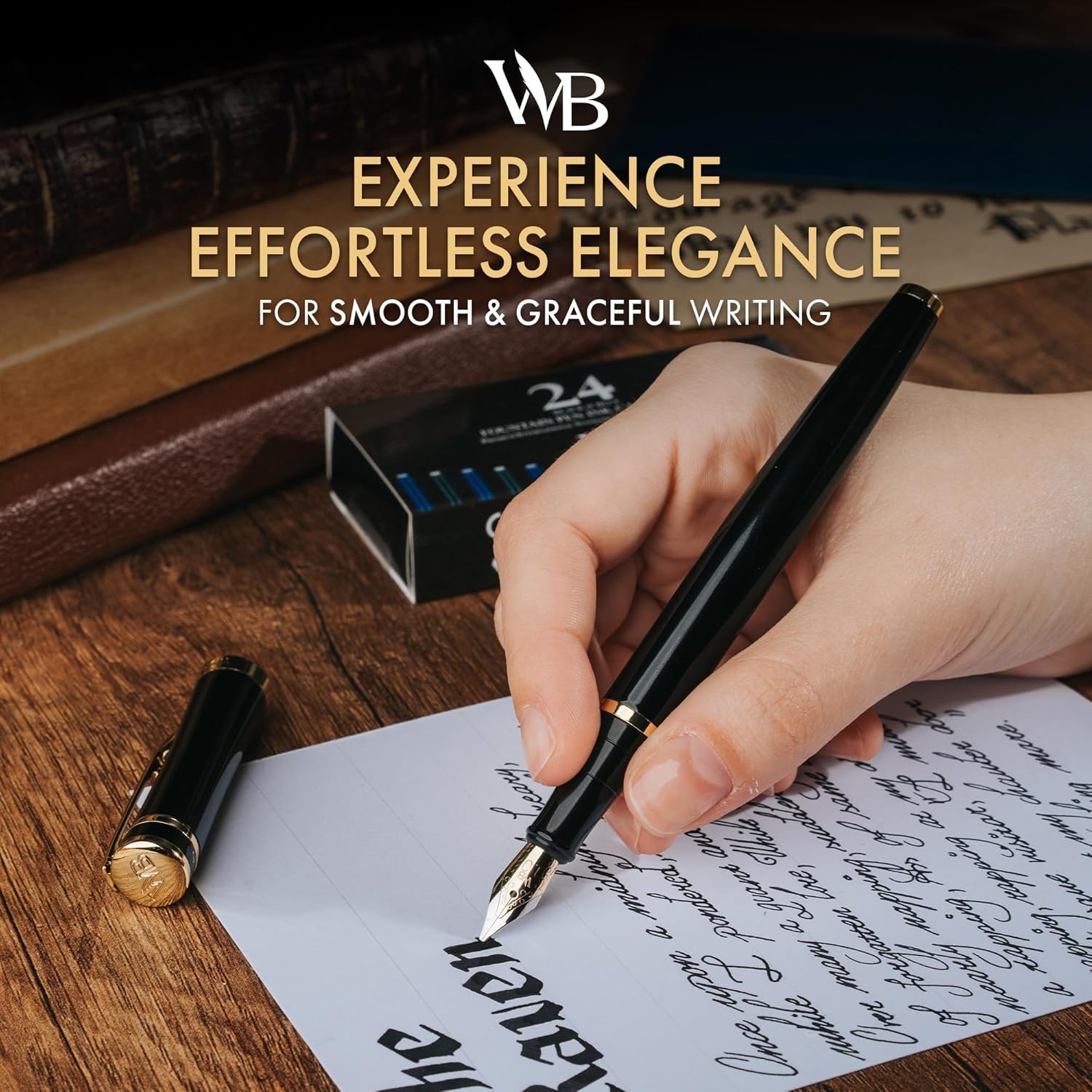 image:imageWordsworth amp Black Fountain Pen Set Medium Nib Includes 24 Ink Cartridges and Ink Refill Converter Gift Case Journaling Calligraphy Smooth Writing Pens Black Chrome Perfect for Men and WomenBlack Gold