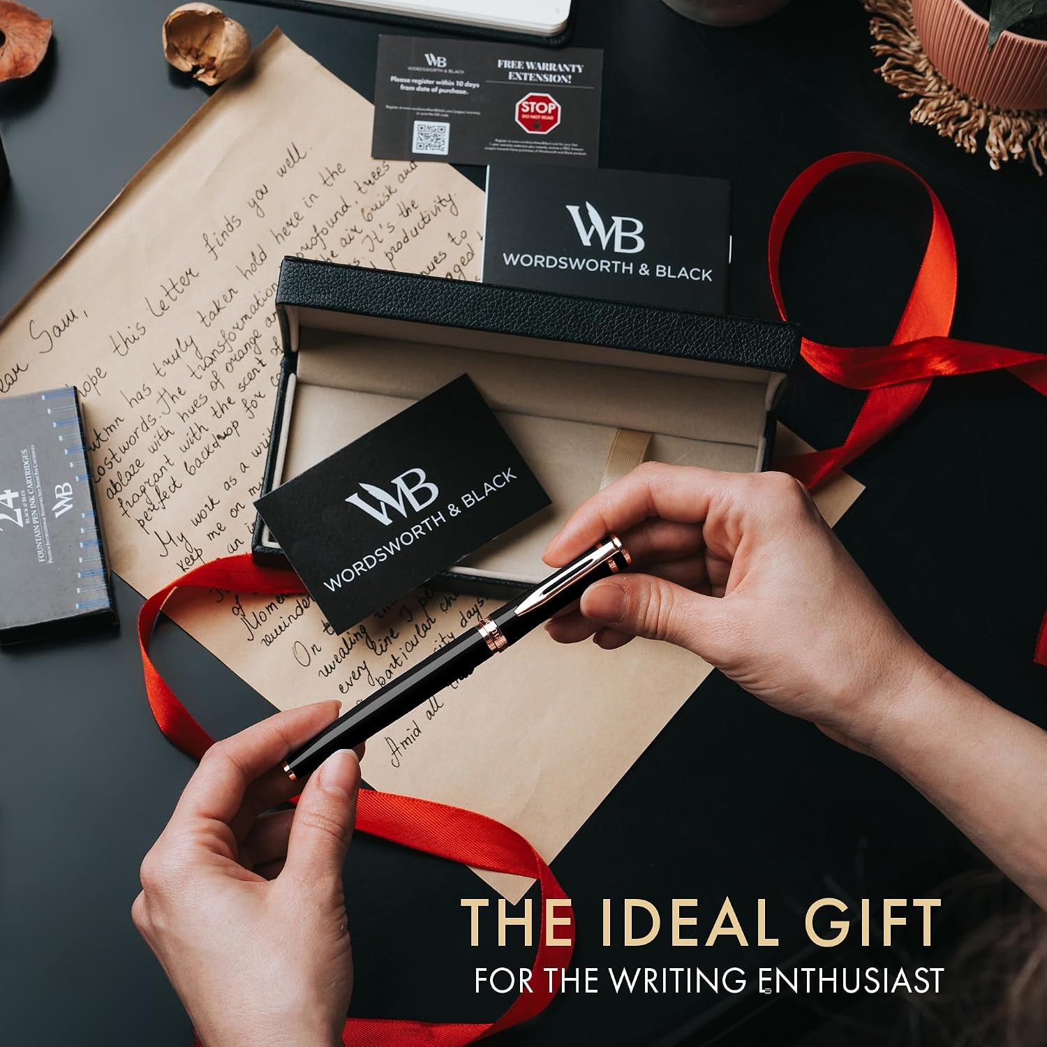 image:imageWordsworth amp Black Fountain Pen Set Medium Nib Includes 24 Ink Cartridges and Ink Refill Converter Gift Case Journaling Calligraphy Smooth Writing Pens Black Chrome Perfect for Men and WomenBlack Rose Gold