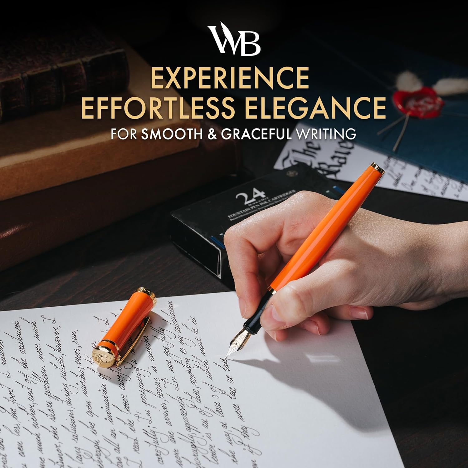 image:imageWordsworth amp Black Fountain Pen Set Medium Nib Includes 24 Ink Cartridges and Ink Refill Converter Gift Case Journaling Calligraphy Smooth Writing Pens Black Chrome Perfect for Men and WomenOrange