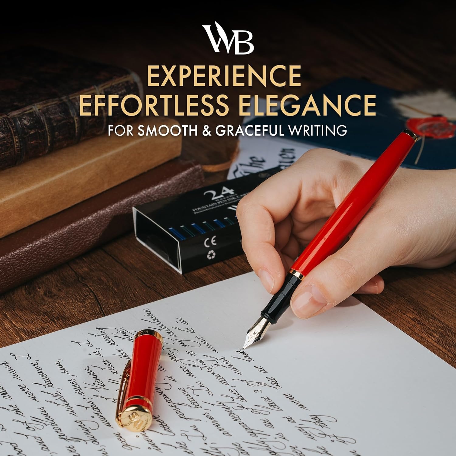 image:imageWordsworth amp Black Fountain Pen Set Medium Nib Includes 24 Ink Cartridges and Ink Refill Converter Gift Case Journaling Calligraphy Smooth Writing Pens Black Chrome Perfect for Men and WomenCrimson Red