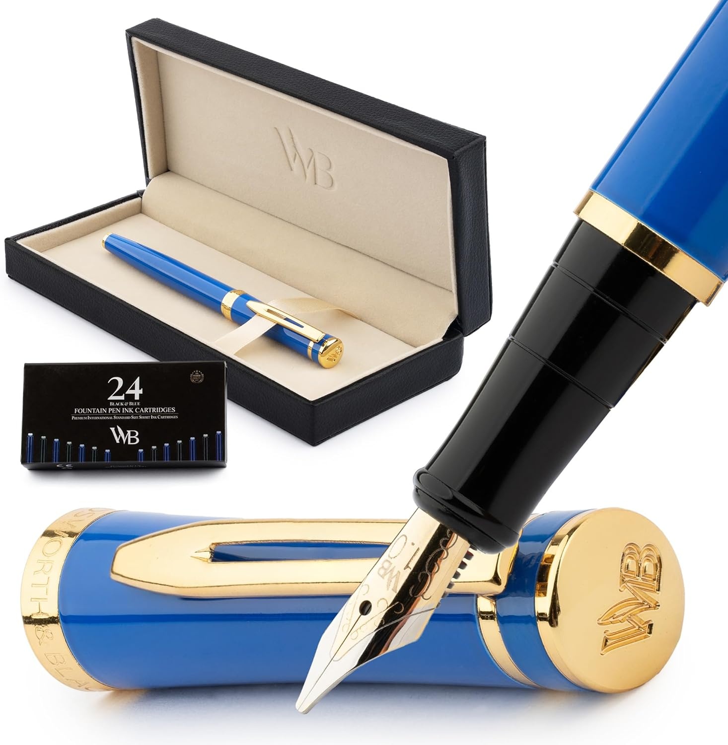 image:imageWordsworth amp Black Fountain Pen Set Medium Nib Includes 24 Ink Cartridges and Ink Refill Converter Gift Case Journaling Calligraphy Smooth Writing Pens Black Chrome Perfect for Men and WomenImperial Blue