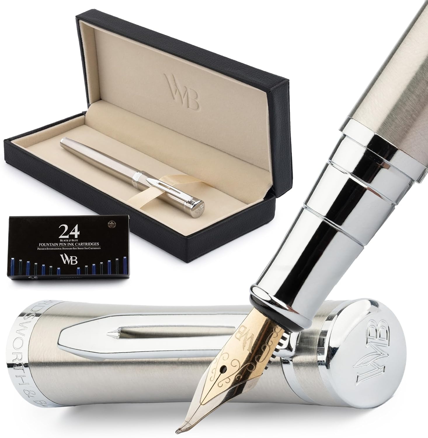 image:imageWordsworth amp Black Fountain Pen Set Medium Nib Includes 24 Ink Cartridges and Ink Refill Converter Gift Case Journaling Calligraphy Smooth Writing Pens Black Chrome Perfect for Men and WomenSilver Chrome