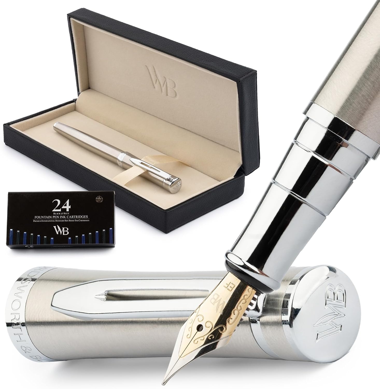 image:imageWordsworth amp Black Fountain Pen Set Medium Nib Includes 24 Ink Cartridges and Ink Refill Converter Gift Case Journaling Calligraphy Smooth Writing Pens Black Chrome Perfect for Men and WomenSilver Chrome
