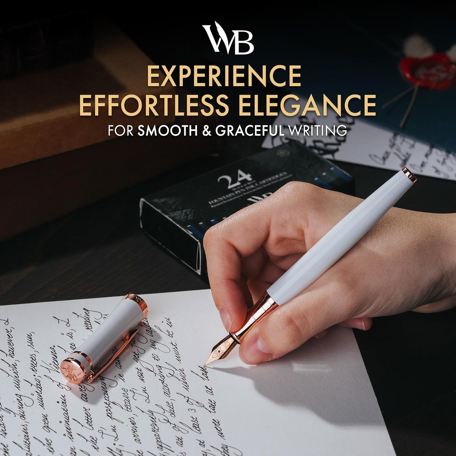 image:imageWordsworth amp Black Fountain Pen Set Medium Nib Includes 24 Ink Cartridges and Ink Refill Converter Gift Case Journaling Calligraphy Smooth Writing Pens Black Chrome Perfect for Men and WomenWhite Rose Gold