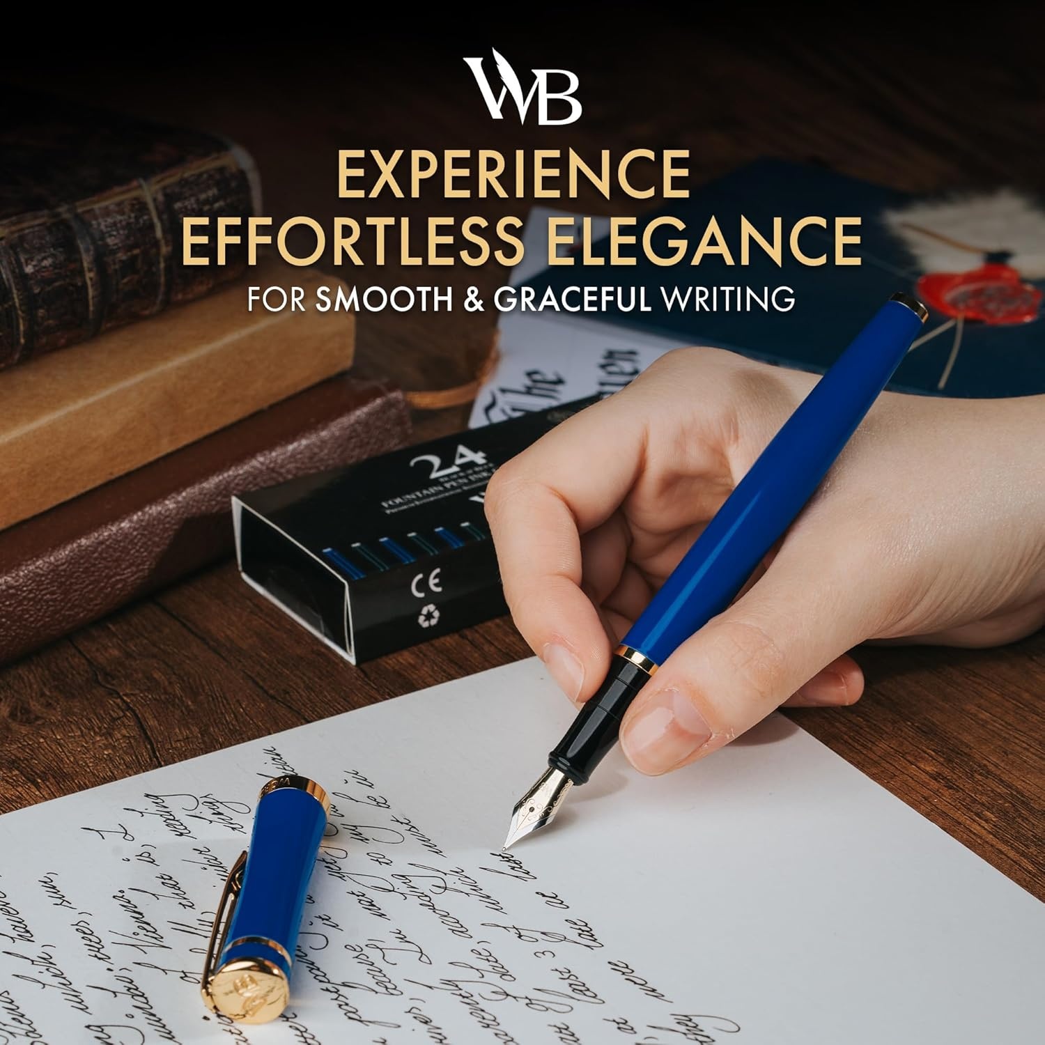 image:imageWordsworth amp Black Fountain Pen Set Medium Nib Includes 24 Ink Cartridges and Ink Refill Converter Gift Case Journaling Calligraphy Smooth Writing Pens Black Chrome Perfect for Men and WomenImperial Blue