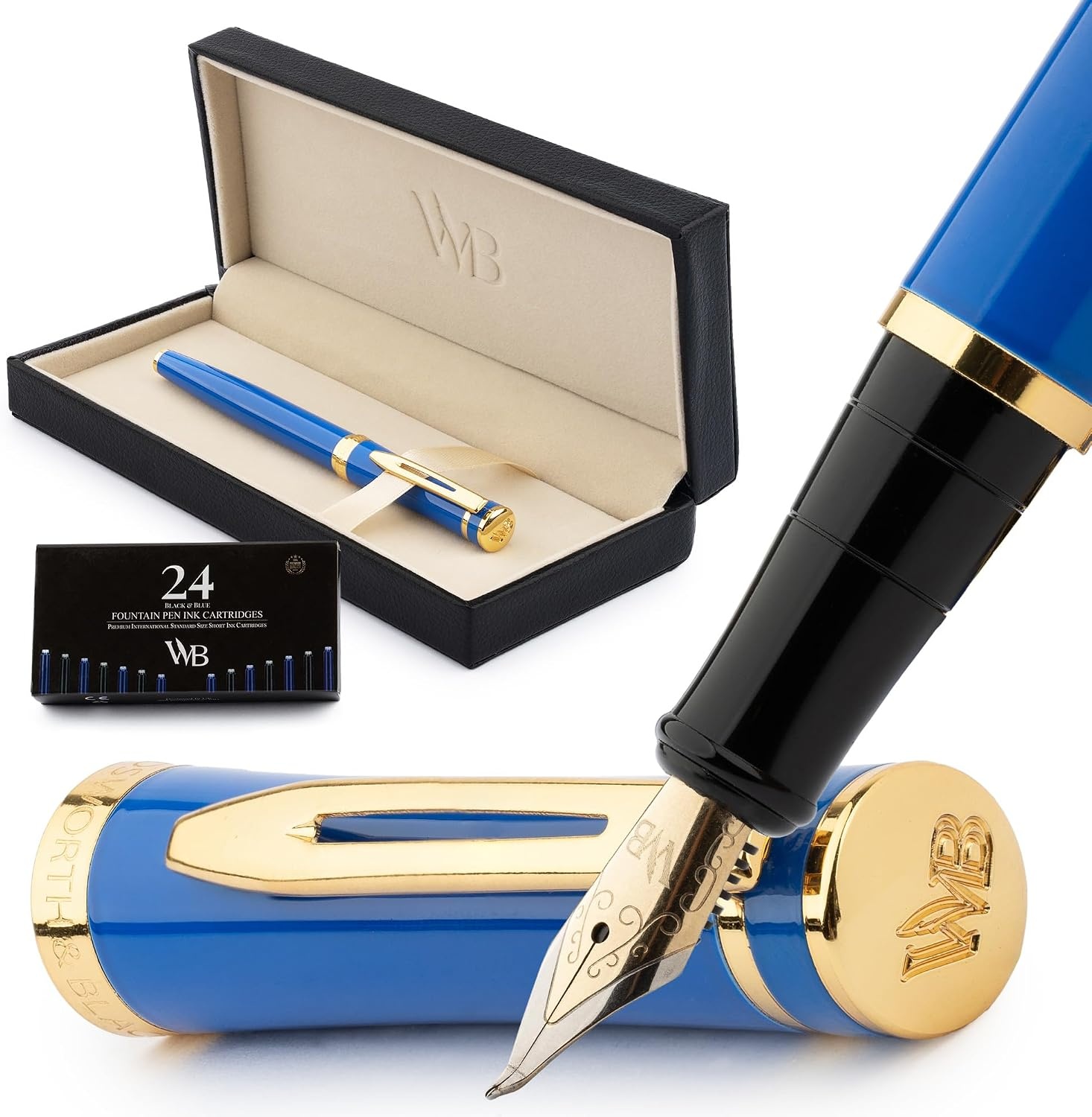 image:imageWordsworth amp Black Fountain Pen Set Medium Nib Includes 24 Ink Cartridges and Ink Refill Converter Gift Case Journaling Calligraphy Smooth Writing Pens Black Chrome Perfect for Men and WomenImperial Blue