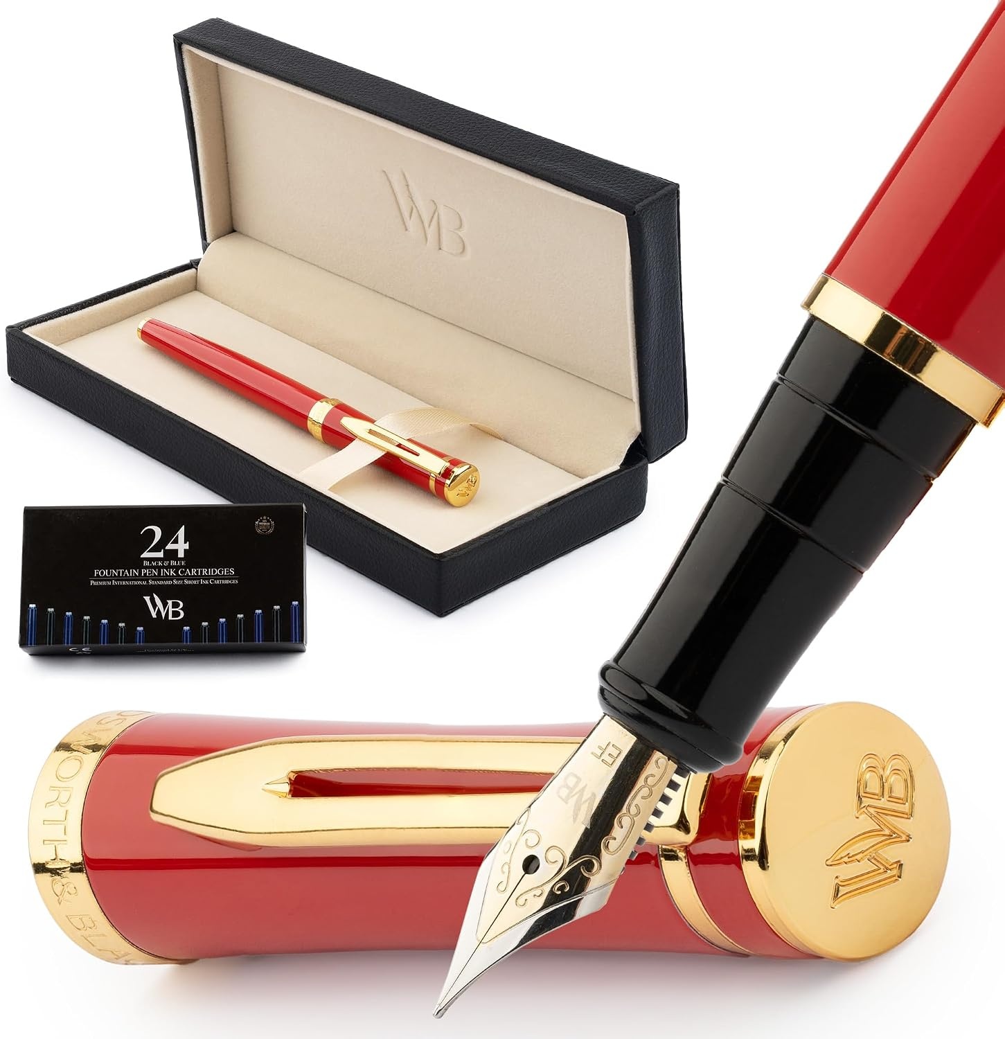 image:imageWordsworth amp Black Fountain Pen Set Medium Nib Includes 24 Ink Cartridges and Ink Refill Converter Gift Case Journaling Calligraphy Smooth Writing Pens Black Chrome Perfect for Men and WomenCrimson Red