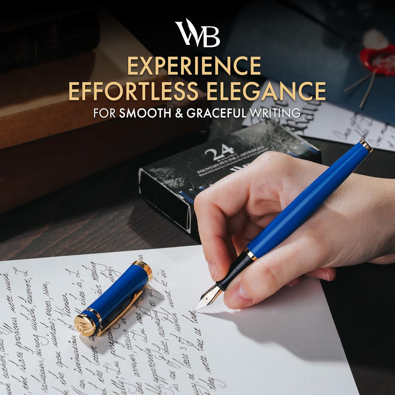 image:imageWordsworth amp Black Fountain Pen Set Medium Nib Includes 24 Ink Cartridges and Ink Refill Converter Gift Case Journaling Calligraphy Smooth Writing Pens Black Chrome Perfect for Men and WomenImperial Blue