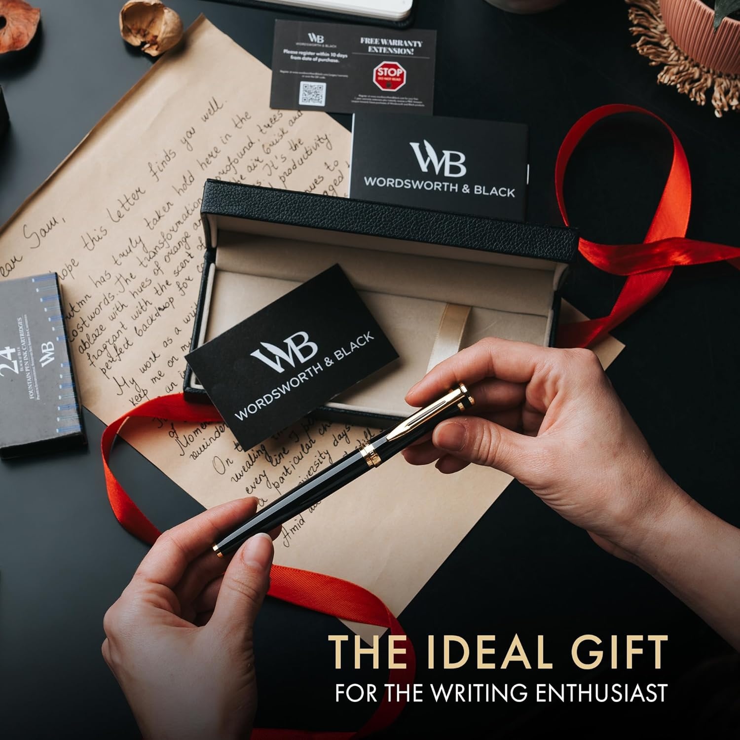 image:imageWordsworth amp Black Fountain Pen Set Medium Nib Includes 24 Ink Cartridges and Ink Refill Converter Gift Case Journaling Calligraphy Smooth Writing Pens Black Chrome Perfect for Men and WomenBlack Gold