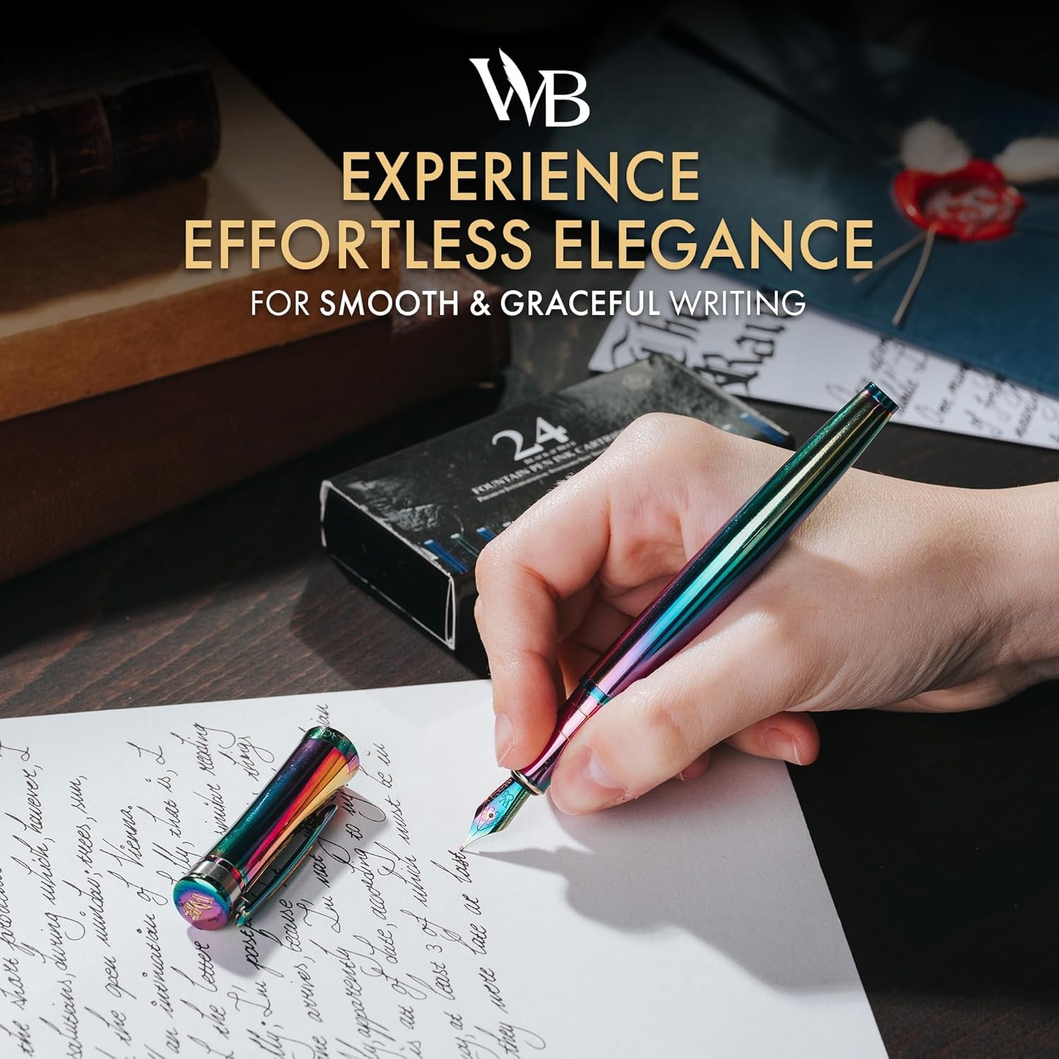 image:imageWordsworth amp Black Fountain Pen Set Medium Nib Includes 24 Ink Cartridges and Ink Refill Converter Gift Case Journaling Calligraphy Smooth Writing Pens Black Chrome Perfect for Men and WomenRainbow