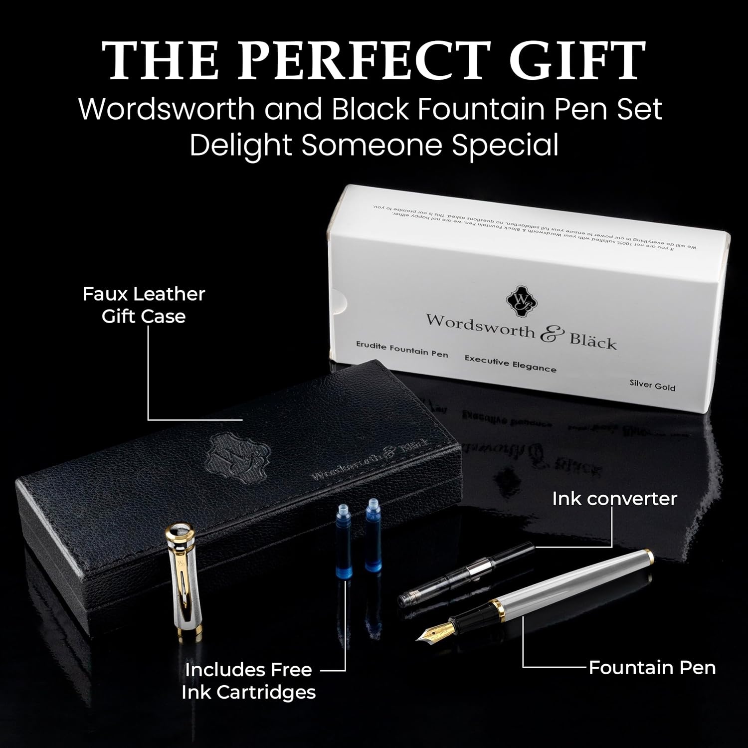 image:imageWordsworth amp Black Fountain Pen Set Medium Nib Includes 24 Ink Cartridges and Ink Refill Converter Gift Case Journaling Calligraphy Smooth Writing Pens Black Chrome Perfect for Men and WomenSilver Gold