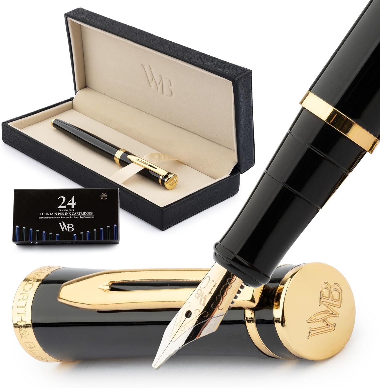 image:imageWordsworth amp Black Fountain Pen Set Medium Nib Includes 24 Ink Cartridges and Ink Refill Converter Gift Case Journaling Calligraphy Smooth Writing Pens Black Chrome Perfect for Men and WomenBlack Gold