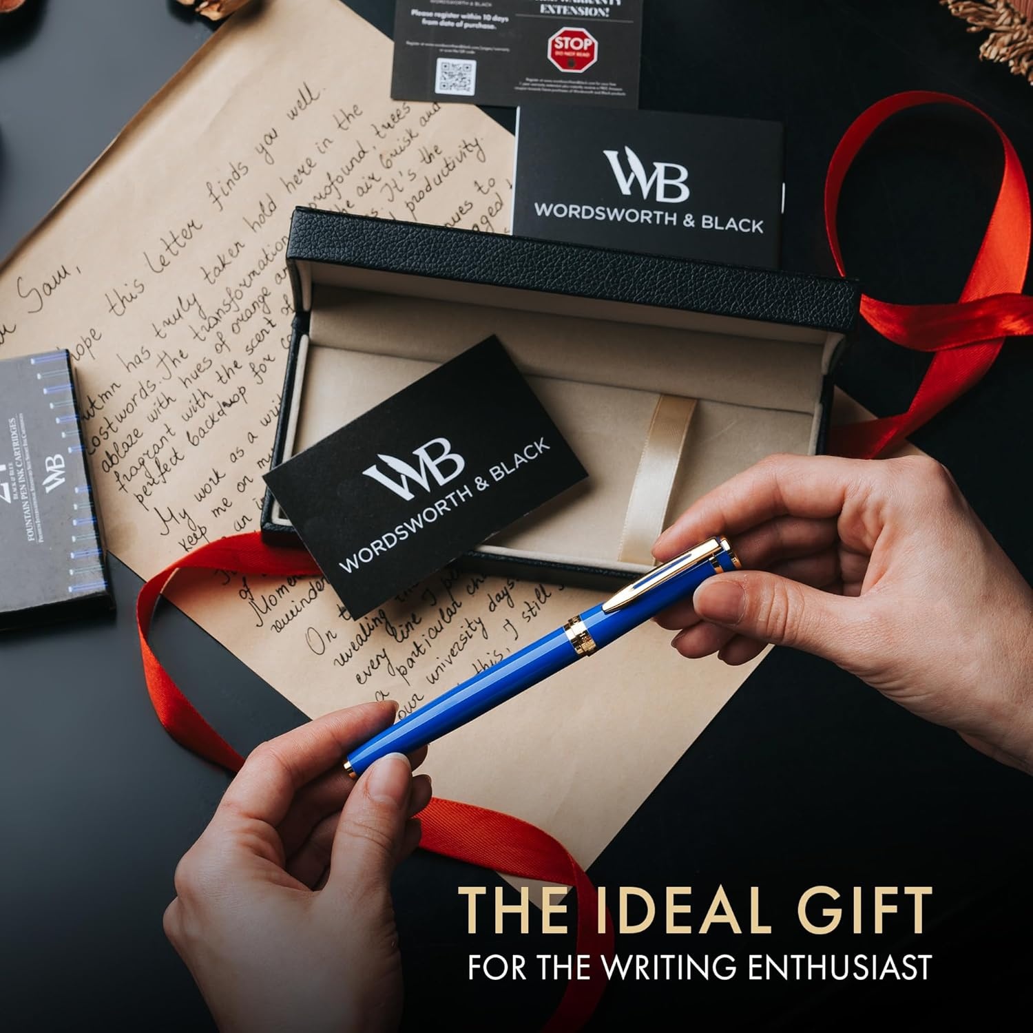 image:imageWordsworth amp Black Fountain Pen Set Medium Nib Includes 24 Ink Cartridges and Ink Refill Converter Gift Case Journaling Calligraphy Smooth Writing Pens Black Chrome Perfect for Men and WomenImperial Blue