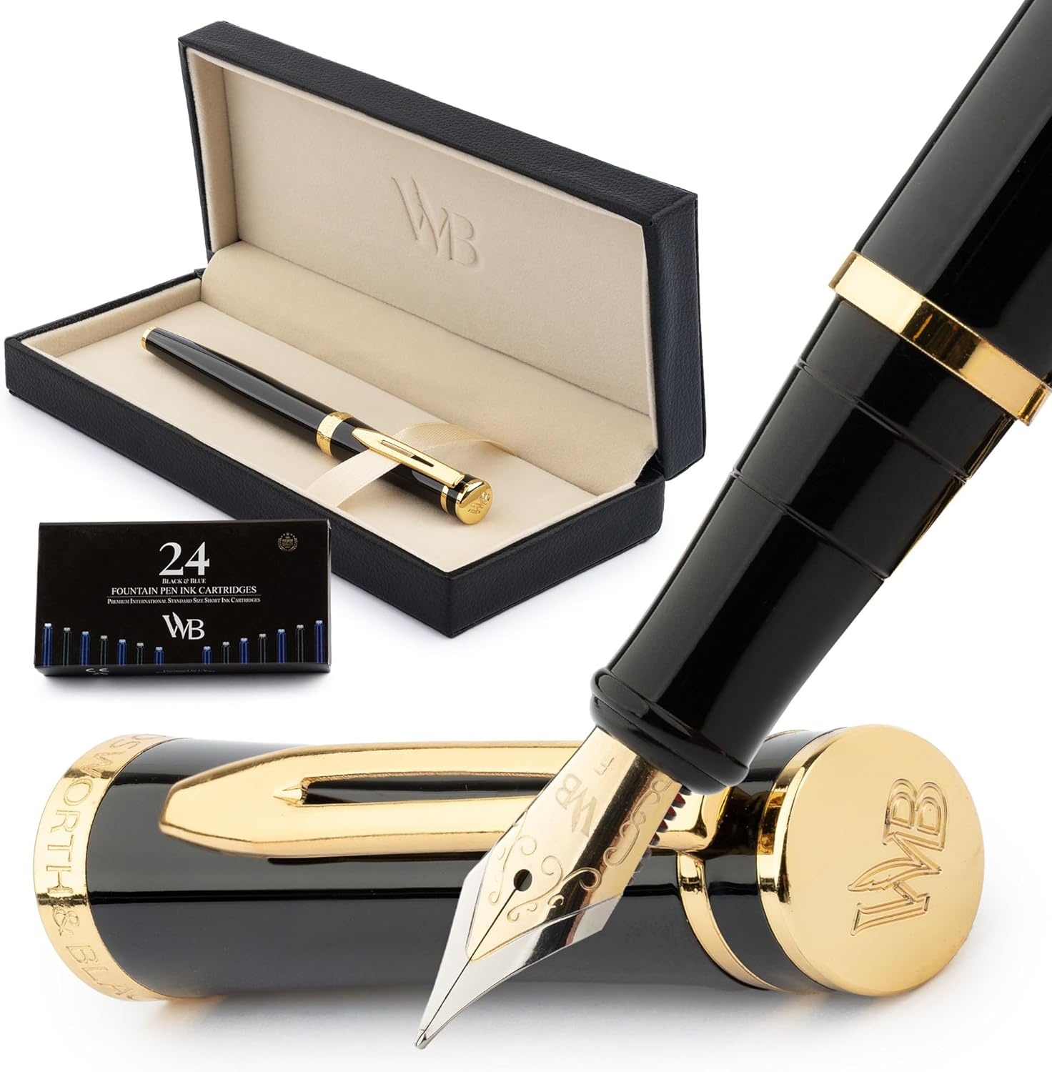 image:imageWordsworth amp Black Fountain Pen Set Medium Nib Includes 24 Ink Cartridges and Ink Refill Converter Gift Case Journaling Calligraphy Smooth Writing Pens Black Chrome Perfect for Men and WomenBlack Gold