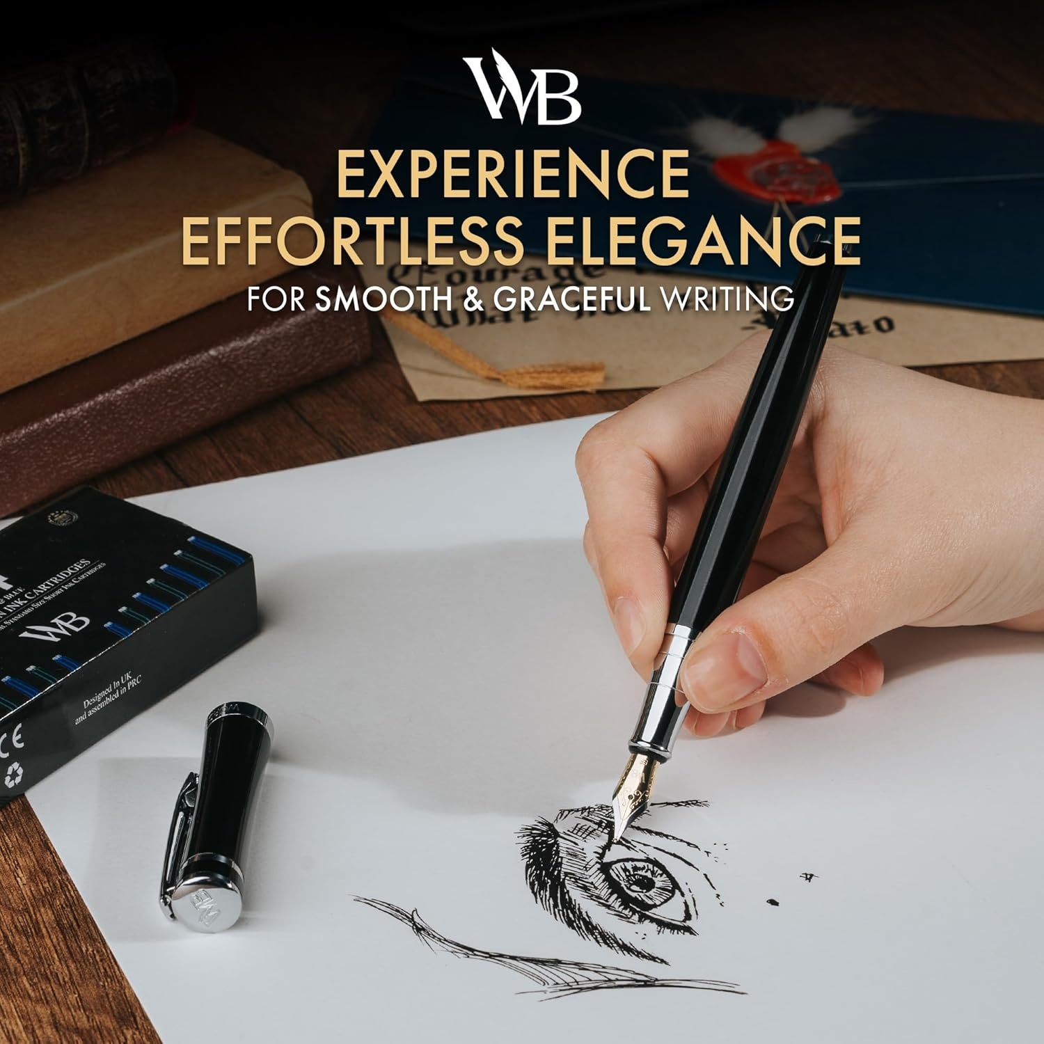 image:imageWordsworth amp Black Fountain Pen Set Medium Nib Includes 24 Ink Cartridges and Ink Refill Converter Gift Case Journaling Calligraphy Smooth Writing Pens Black Chrome Perfect for Men and WomenBlack Chrome