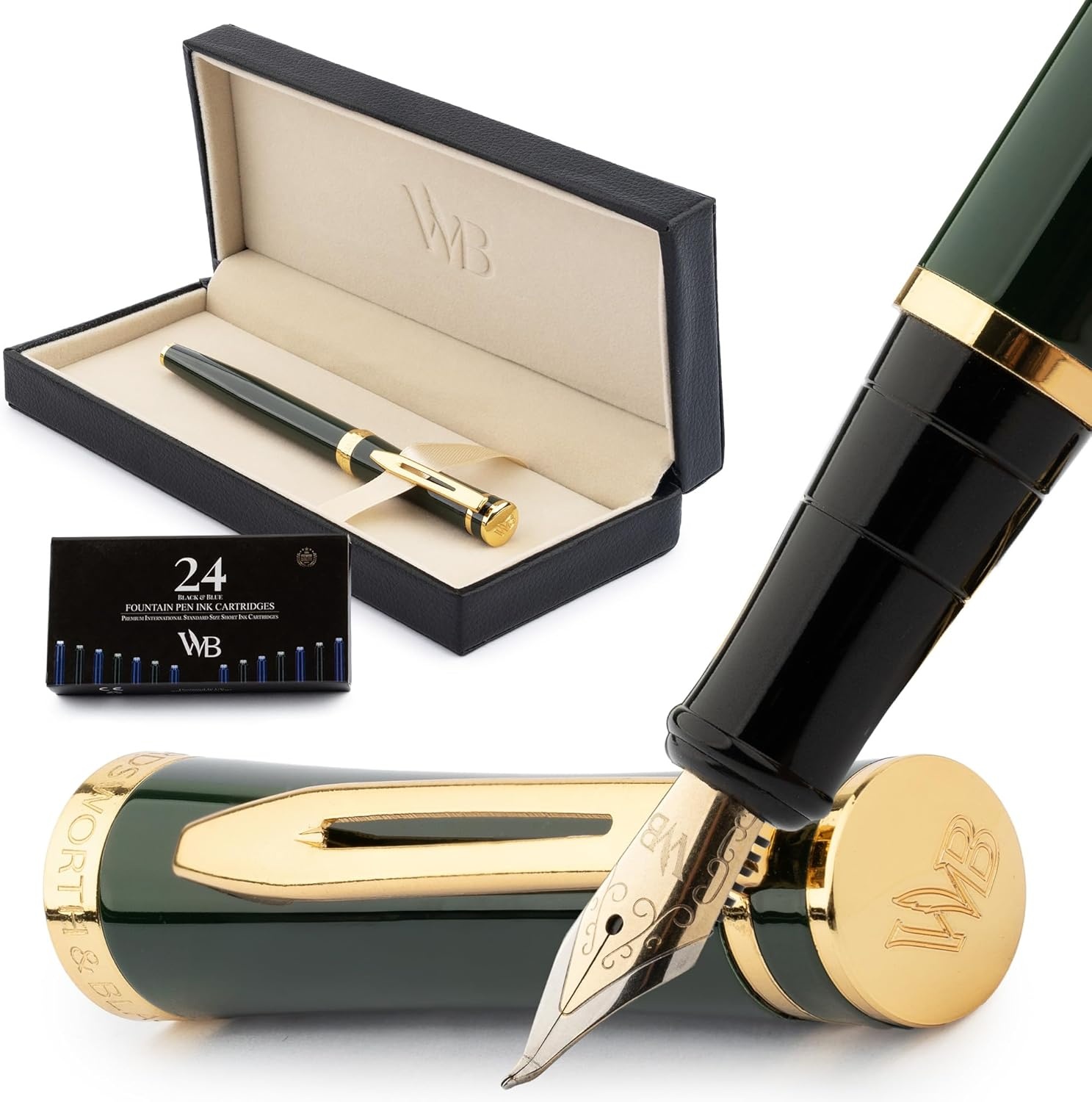 image:imageWordsworth amp Black Fountain Pen Set Medium Nib Includes 24 Ink Cartridges and Ink Refill Converter Gift Case Journaling Calligraphy Smooth Writing Pens Black Chrome Perfect for Men and WomenRacing Green
