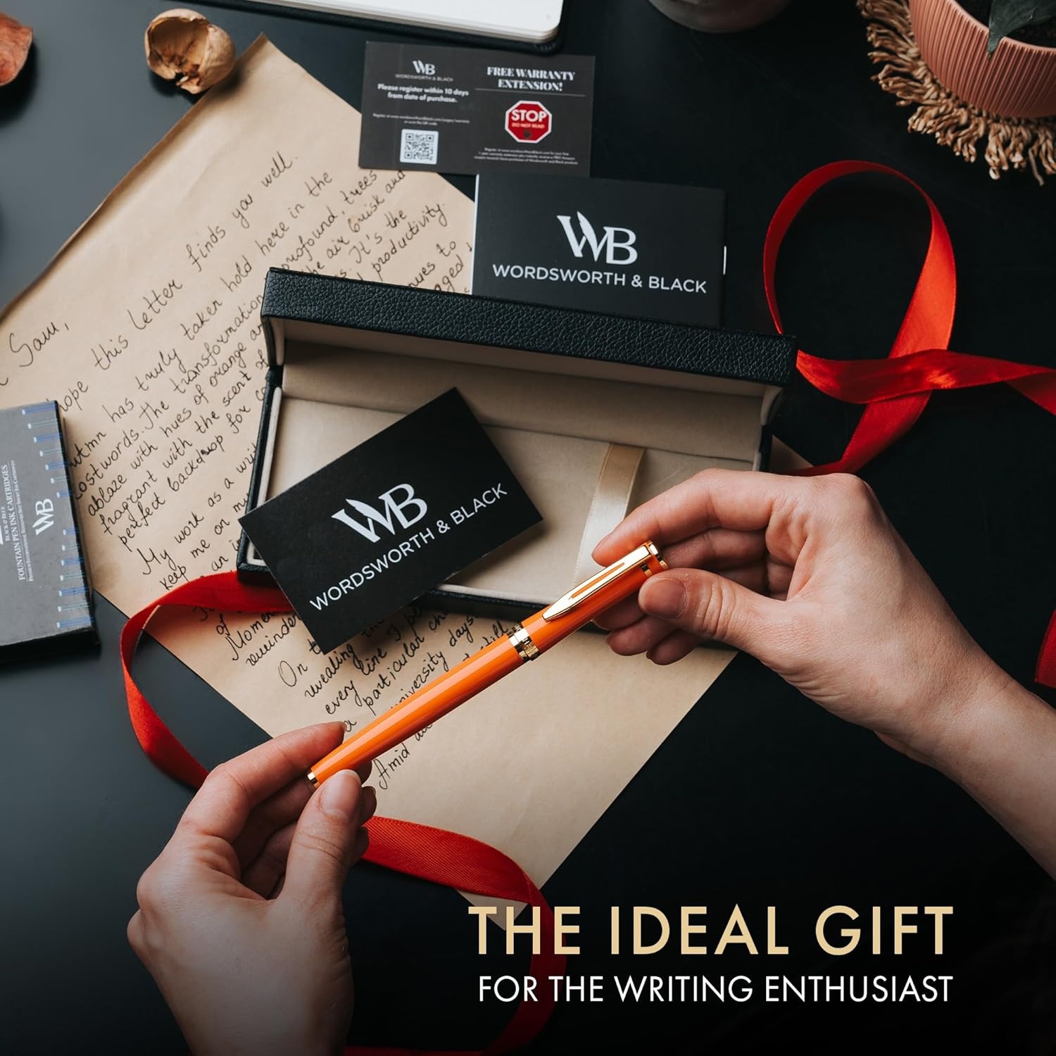 image:imageWordsworth amp Black Fountain Pen Set Medium Nib Includes 24 Ink Cartridges and Ink Refill Converter Gift Case Journaling Calligraphy Smooth Writing Pens Black Chrome Perfect for Men and WomenOrange