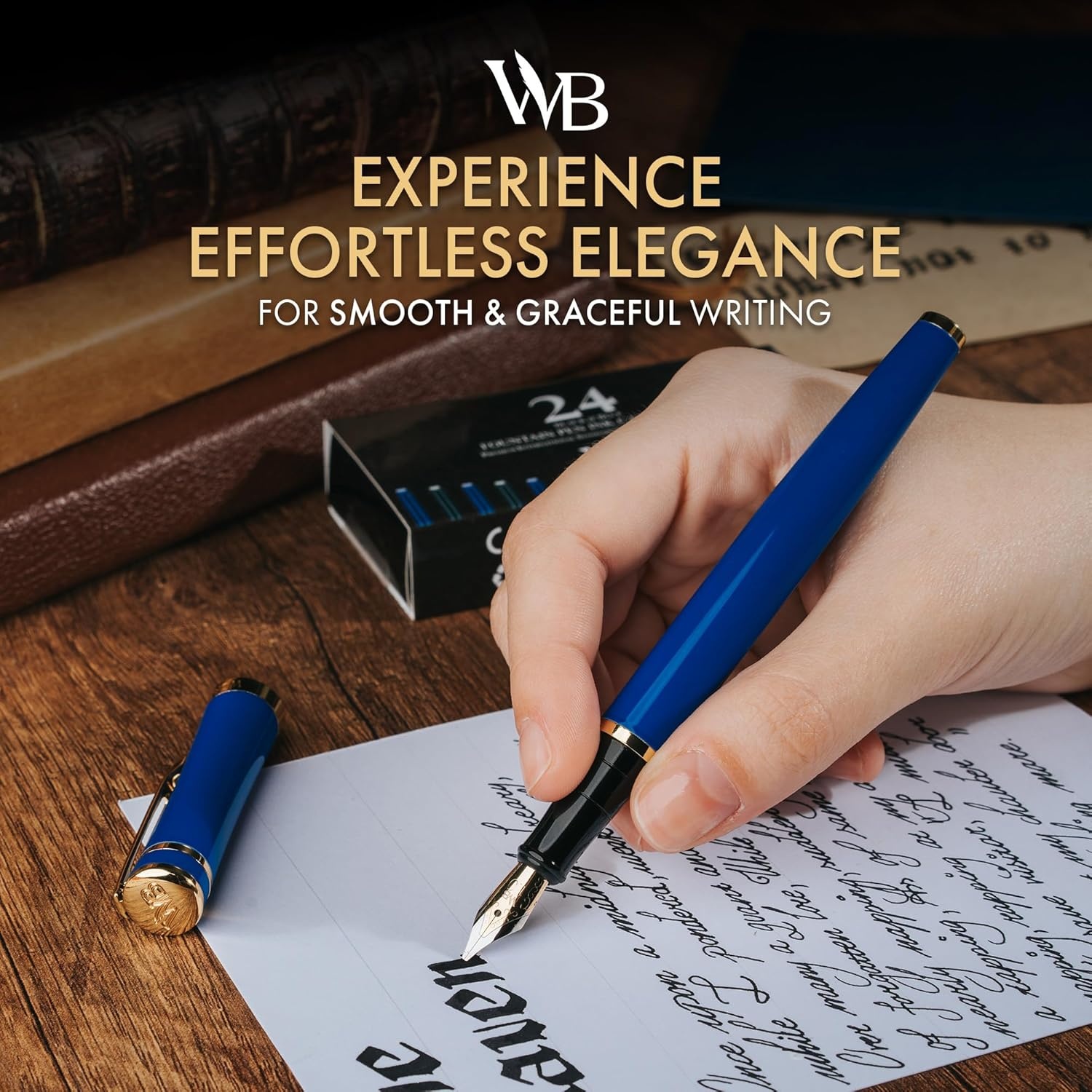 image:imageWordsworth amp Black Fountain Pen Set Medium Nib Includes 24 Ink Cartridges and Ink Refill Converter Gift Case Journaling Calligraphy Smooth Writing Pens Black Chrome Perfect for Men and WomenImperial Blue