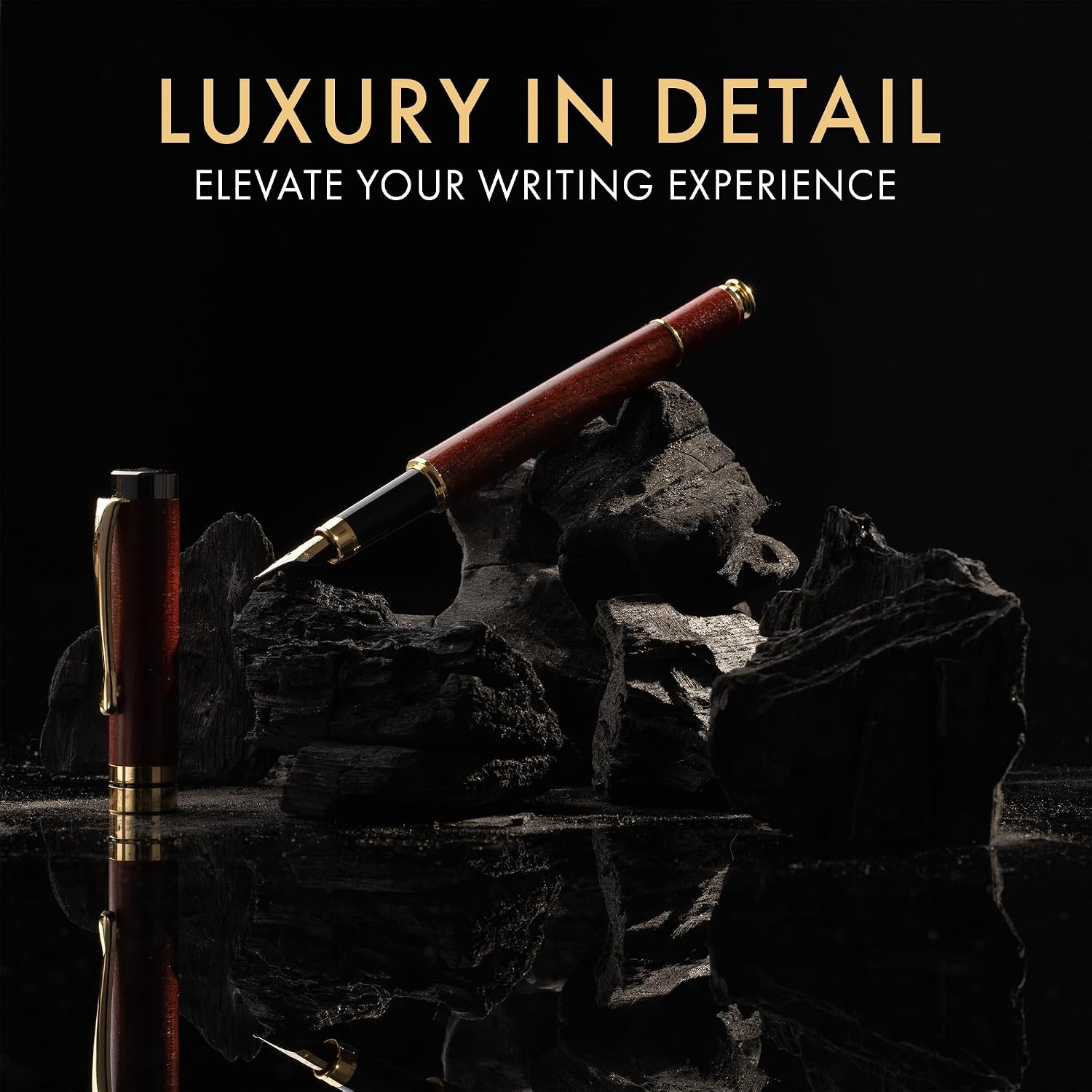 image:imageWordsworth amp Black Fountain Pen Set Rose Wood Luxury Bamboo Wood Medium Nib Includes 50 ml Pen Ink Black 6 Ink Cartridges Refill Converter and Premium Gift Case