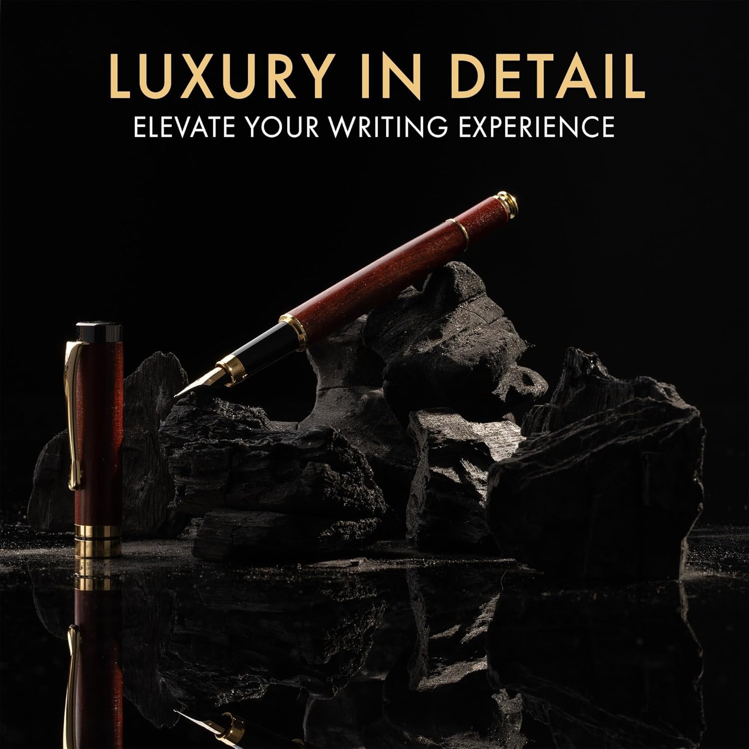 image:imageWordsworth amp Black Fountain Pen Set Rose Wood Luxury Bamboo Wood Medium Nib Includes 50 ml Pen Ink Red 6 Ink Cartridges Refill Converter and Premium Gift Case