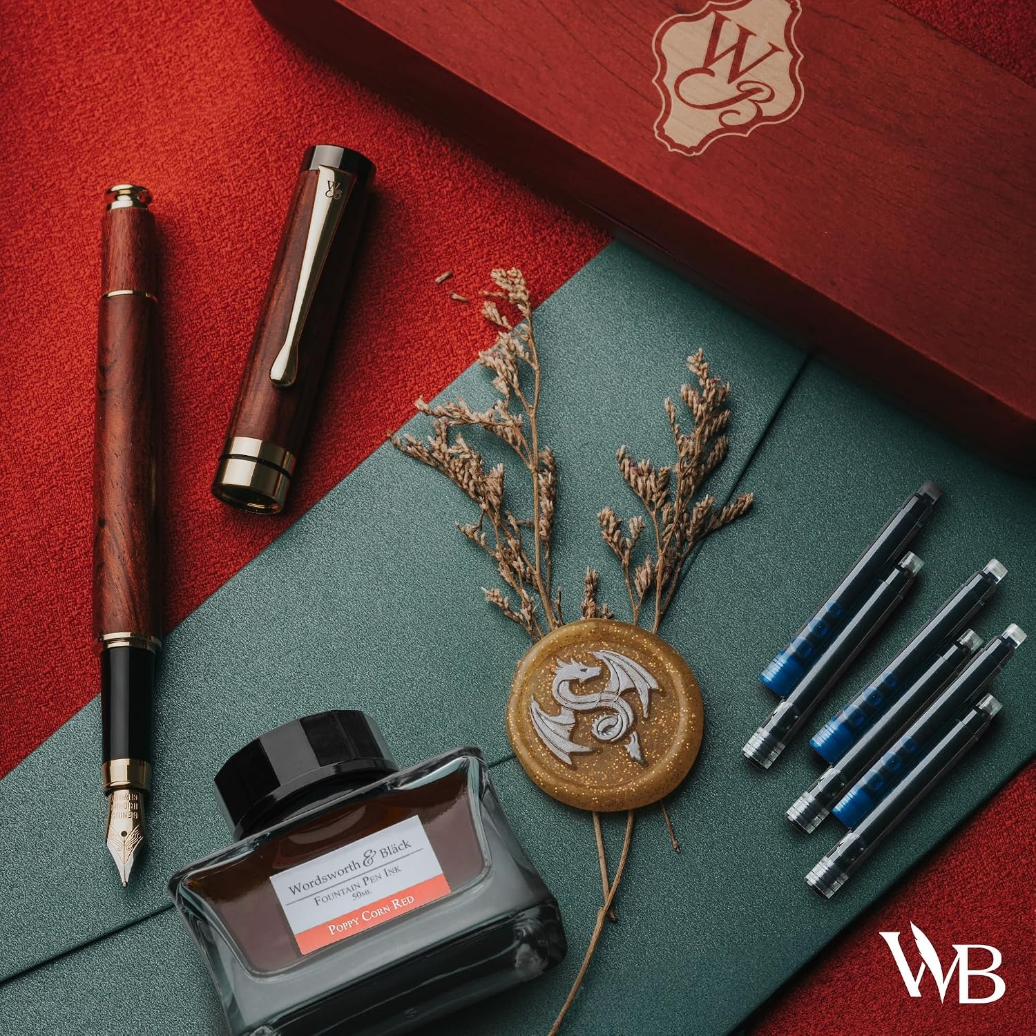 image:imageWordsworth amp Black Fountain Pen Set Rose Wood Luxury Bamboo Wood Medium Nib Includes 50 ml Pen Ink Red 6 Ink Cartridges Refill Converter and Premium Gift Case