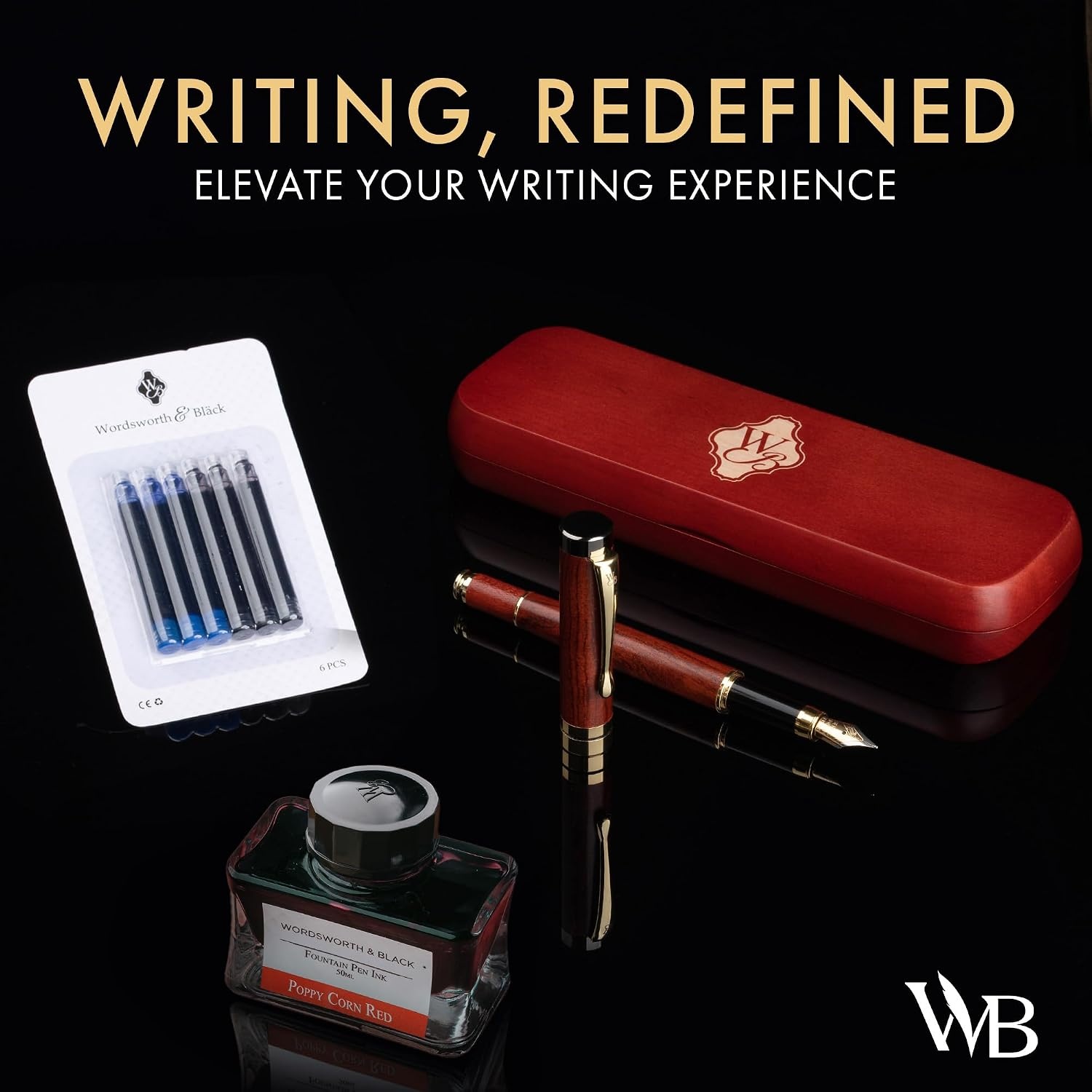 image:imageWordsworth amp Black Fountain Pen Set Rose Wood Luxury Bamboo Wood Medium Nib Includes 50 ml Pen Ink Red 6 Ink Cartridges Refill Converter and Premium Gift Case