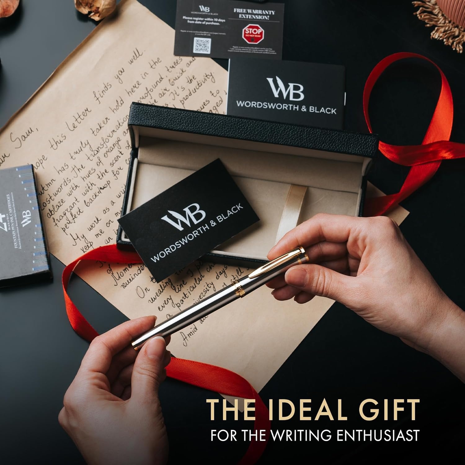 image:imageWordsworth amp Black Fountain Pen Set Silver Gold Medium Nib Includes Spare Bent Nib Gold 24 Ink Cartridges Refill Converter and Premium Gift Case