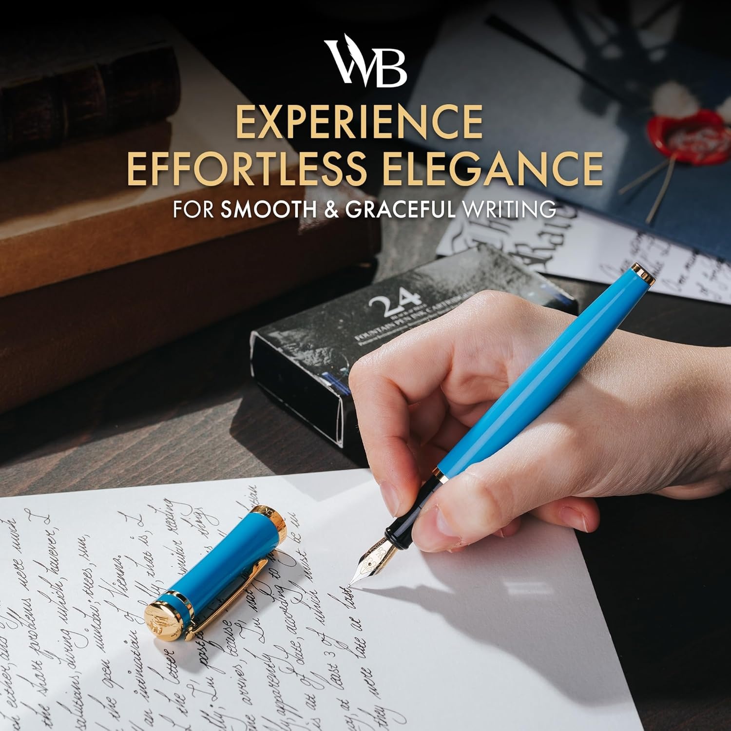 image:imageWordsworth amp Black Fountain Pen Set Sky Blue Medium Nib Includes Spare Bent Nib Gold 24 Ink Cartridges Refill Converter and Premium Gift Case