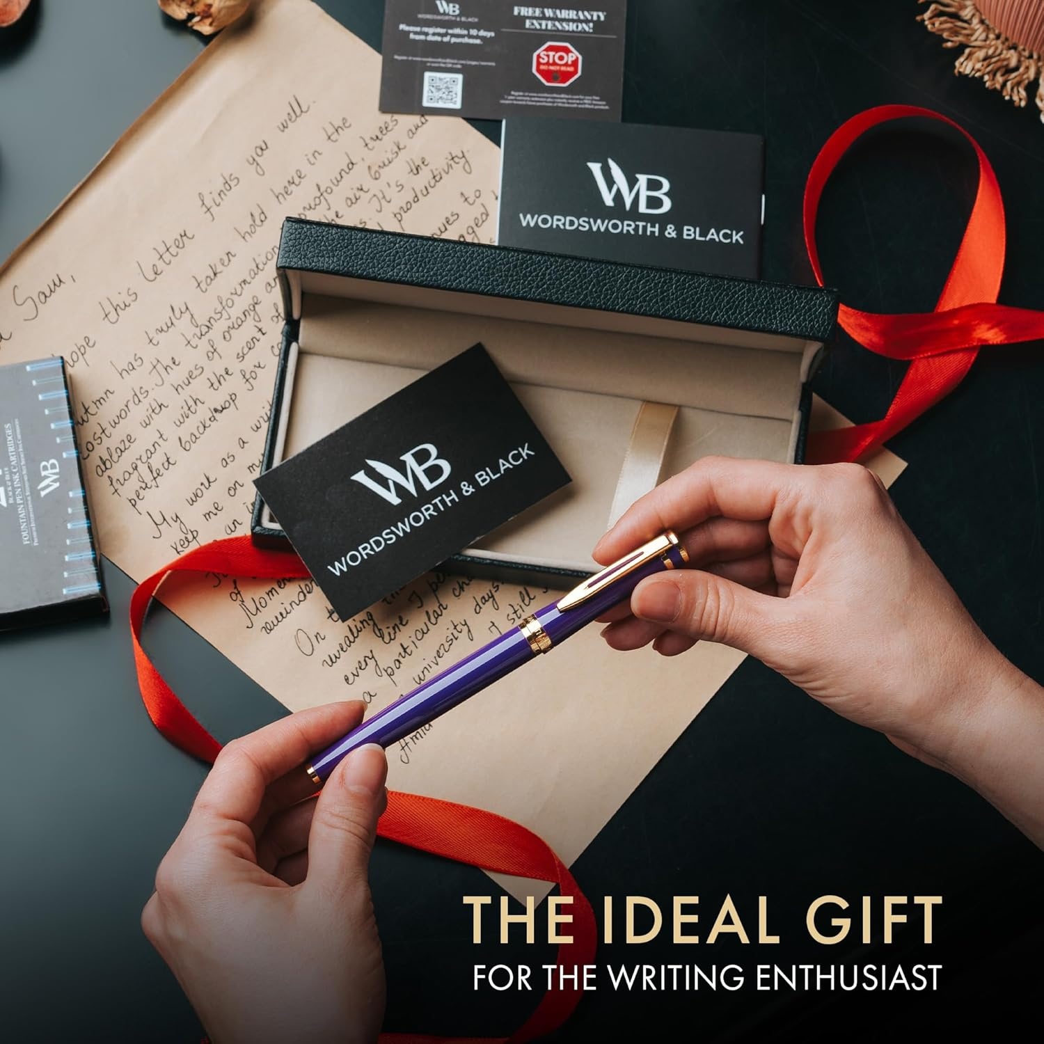 image:imageWordsworth amp Black Fountain Pen Set Velvet Purple Medium Nib Includes Spare Bent Nib Gold 24 Ink Cartridges Refill Converter and Premium Gift Case