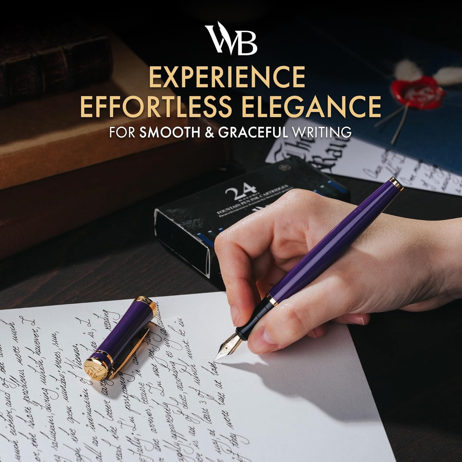 image:imageWordsworth amp Black Fountain Pen Set Velvet Purple Medium Nib Includes Spare Bent Nib Gold 24 Ink Cartridges Refill Converter and Premium Gift Case
