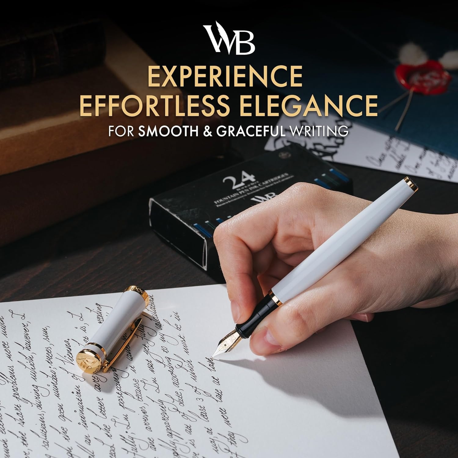 image:imageWordsworth amp Black Fountain Pen Set White Gold Medium Nib Includes Spare Bent Nib Gold 24 Ink Cartridges Refill Converter and Premium Gift Case